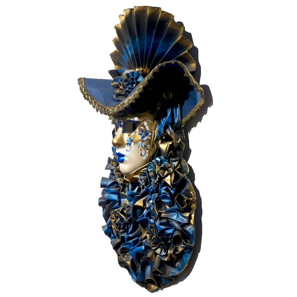 Baroque Italian Modern Venetian Carnival Handmade Blue Mask with Flower Pleated Jabot