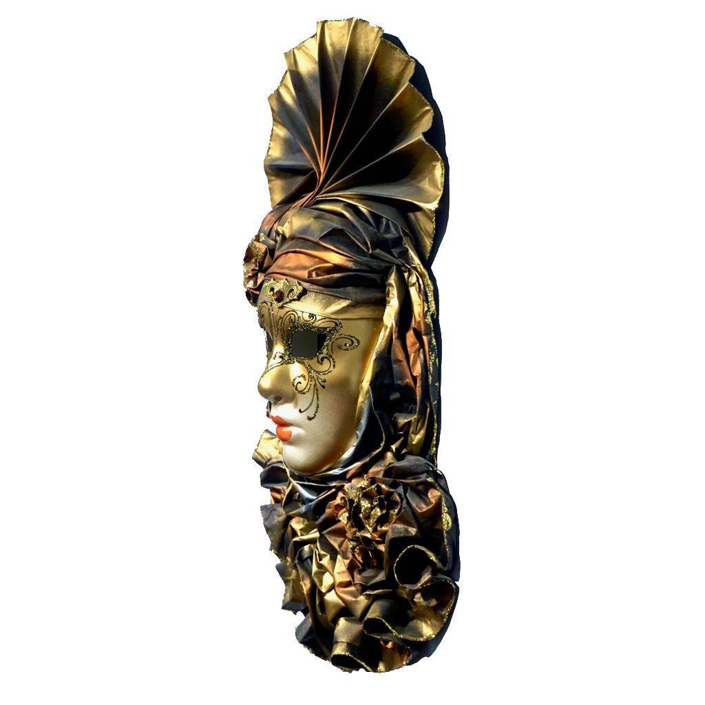 Folk Art Venetian Handmade Gold Mask with Flowered Pleated Jabot