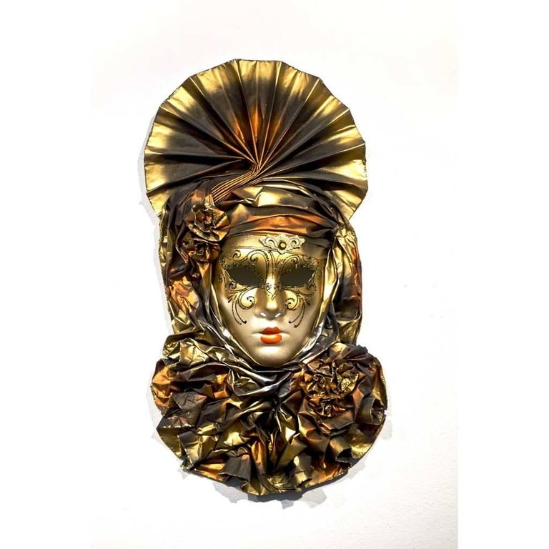 Italian Venetian Handmade Gold Mask with Flowered Pleated Jabot