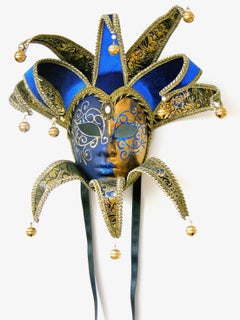 Venetian Green or Cobalt Blue and Gold Modern Mask with Jester Collar and Bells