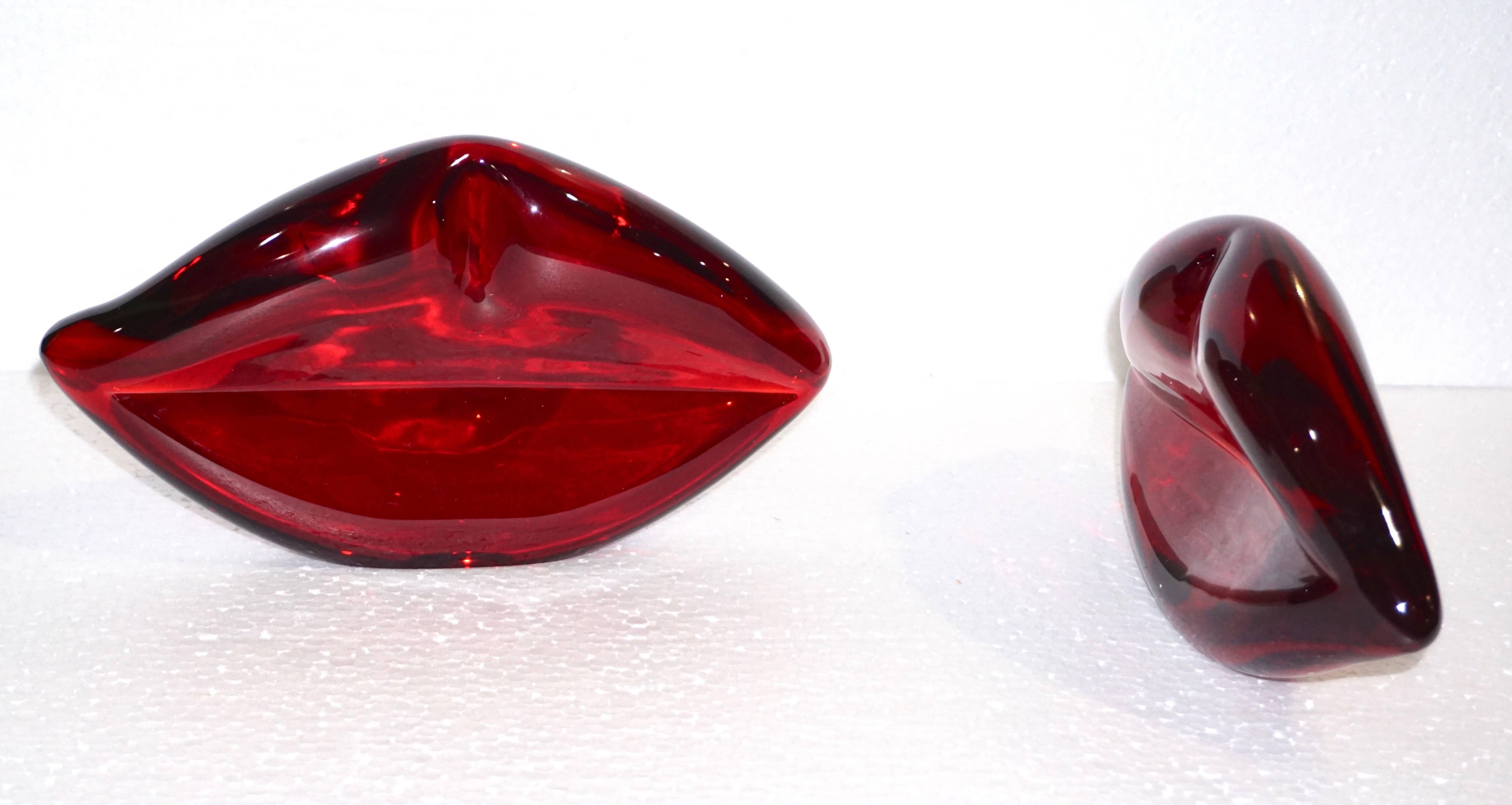 Contemporary Italian Fun Blown Murano Glass Red Lips Decorative Art Sculpture 1