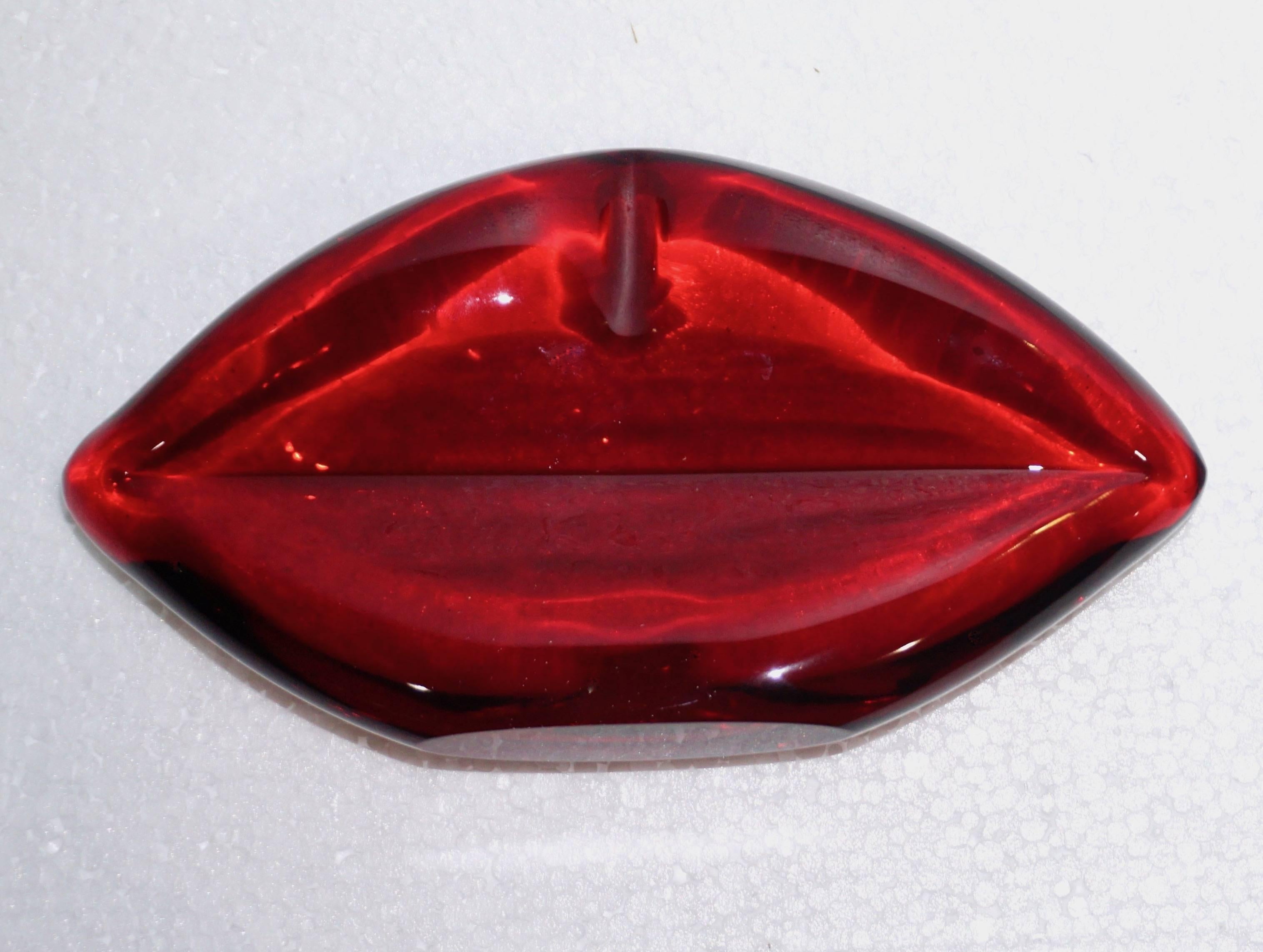 Blown Glass Contemporary Italian Fun Blown Murano Glass Red Lips Decorative Art Sculpture