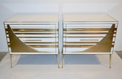 Contemporary Italian Pair of Gold Brass and White Cream Glass Chests Side Tables