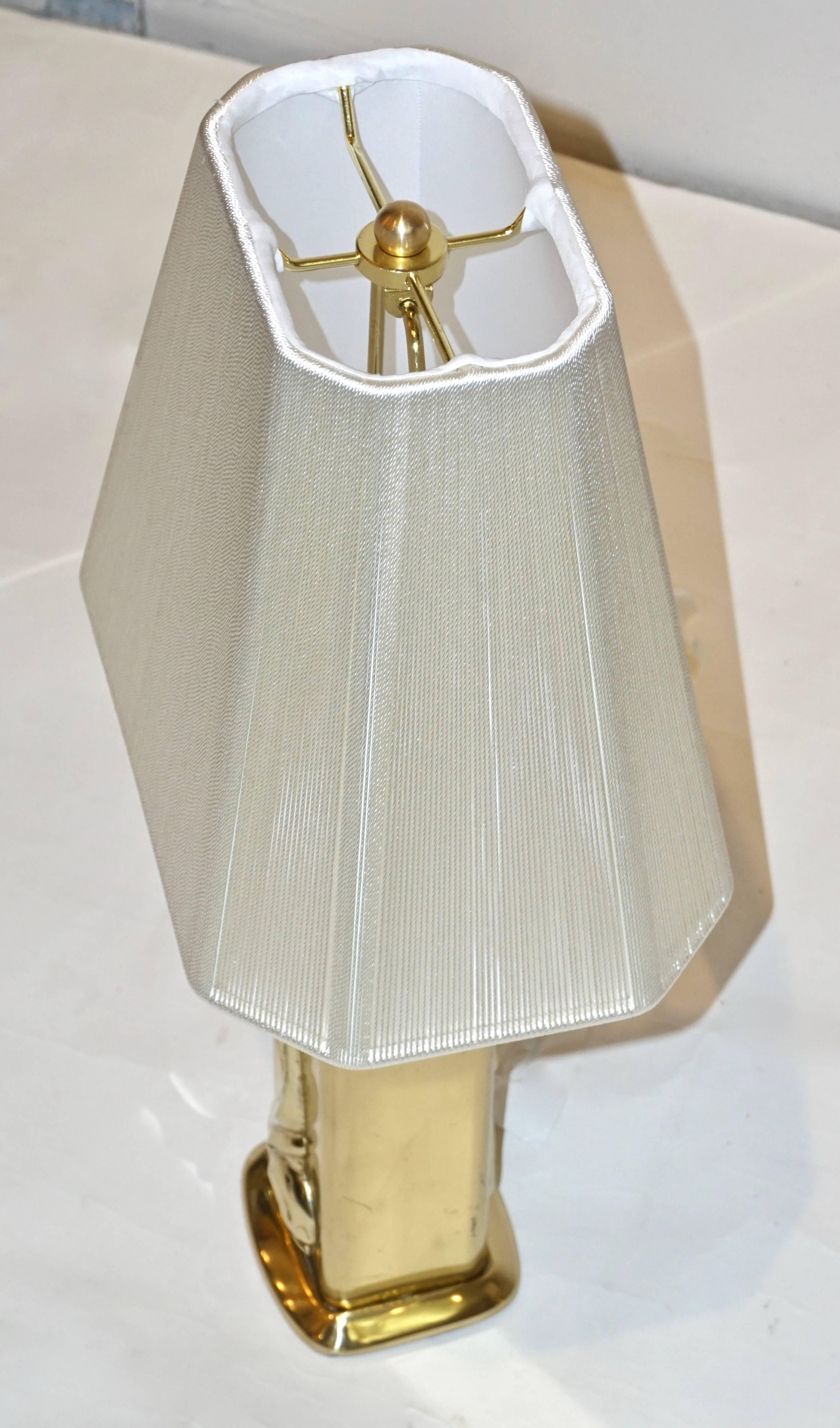 Art Deco Lipparini 1960s Italian Vintage Pair of Gold Brass Lamps with White Silk Shades