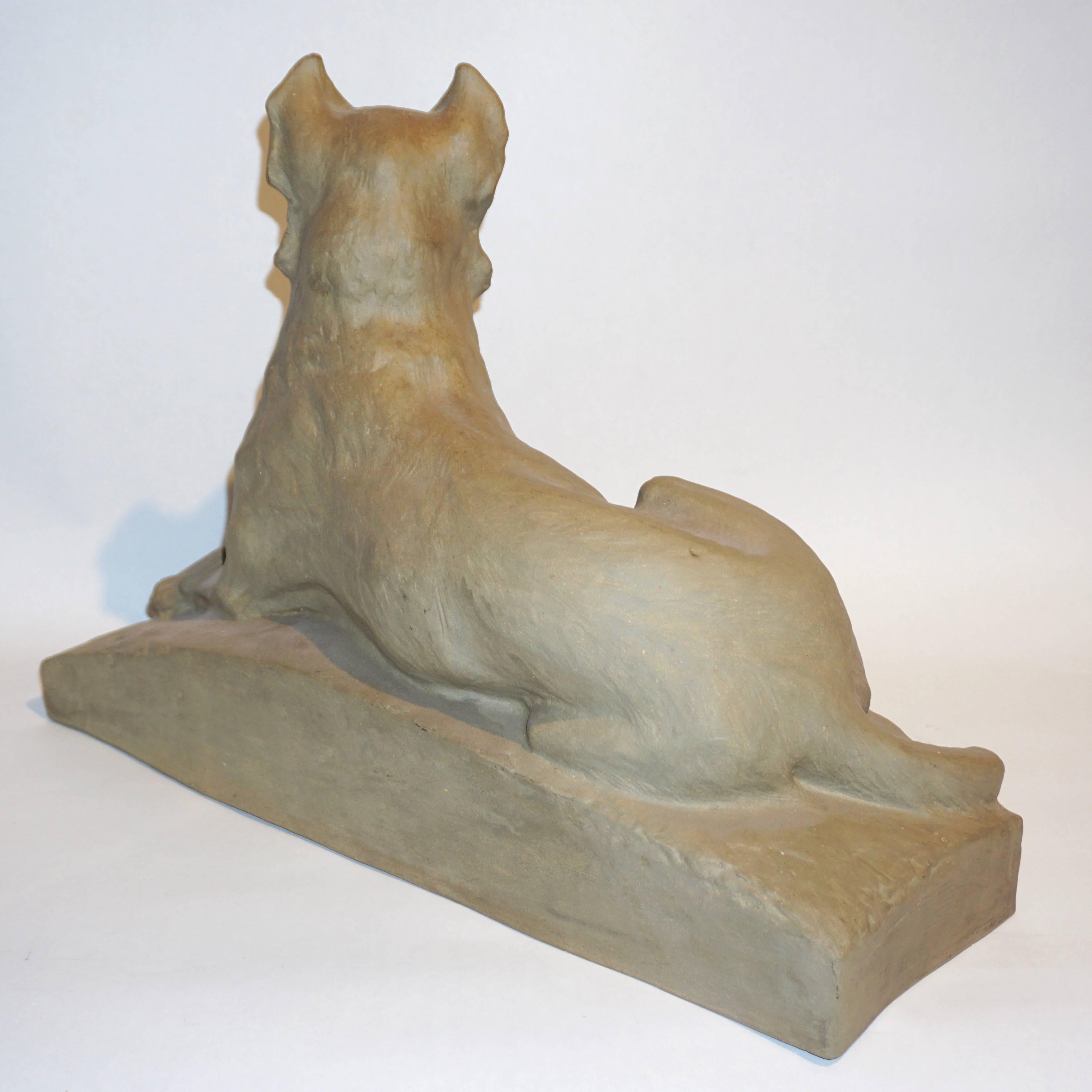 Hand-Carved Charles Virion 1920 Antique Gray Terracotta Sculpture of a German Shepherd Dog