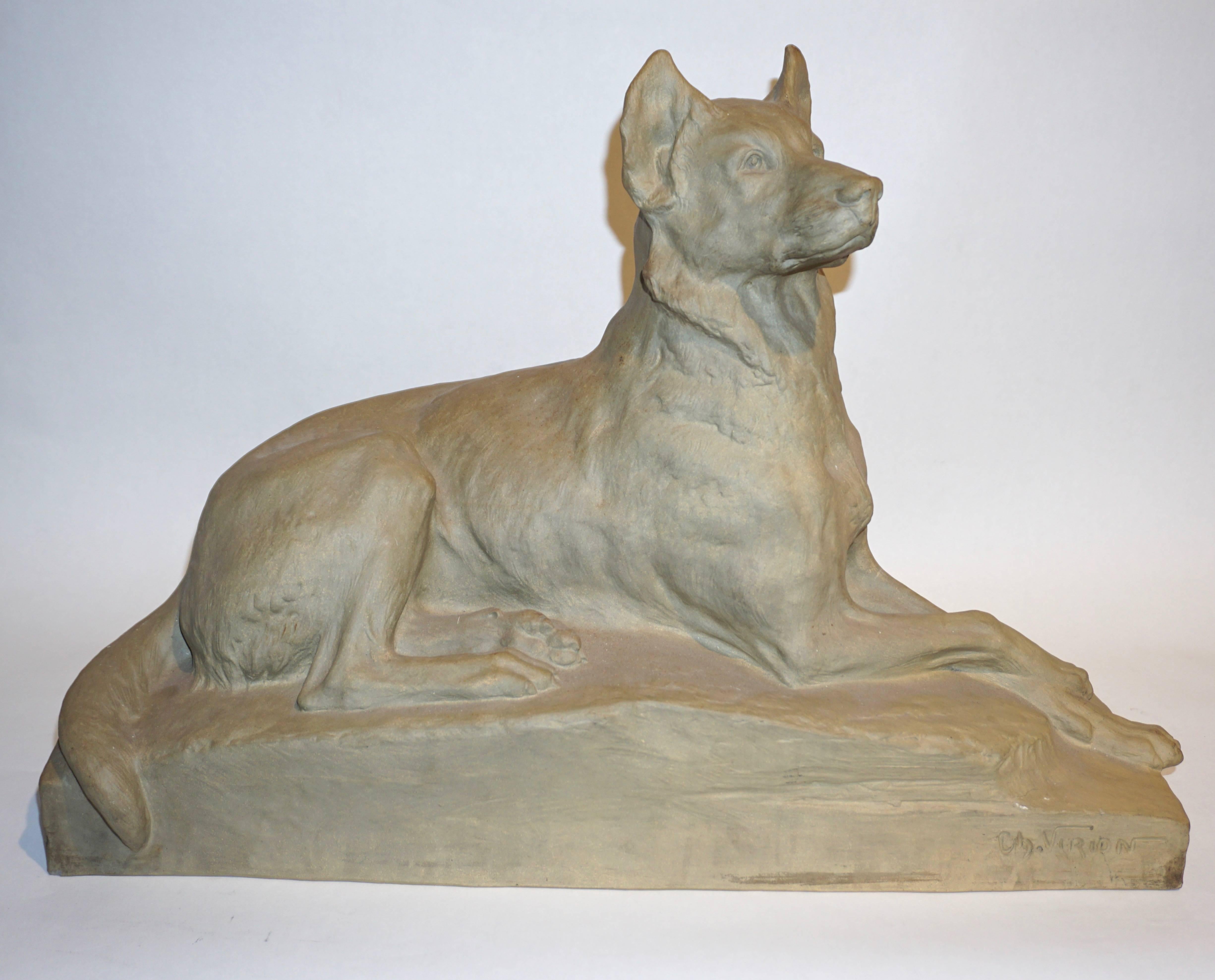 Charles Virion 1920 Antique Gray Terracotta Sculpture of a German Shepherd Dog In Excellent Condition In New York, NY