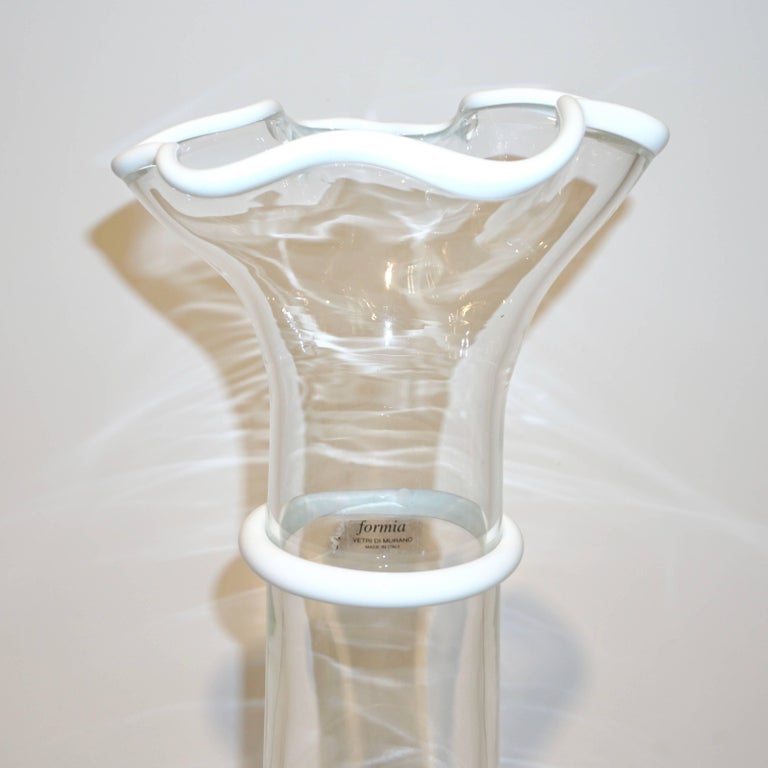 Hand-Crafted Formia Italian 1970s Vintage White Crystal Clear Murano Glass Tall Flared Vase For Sale