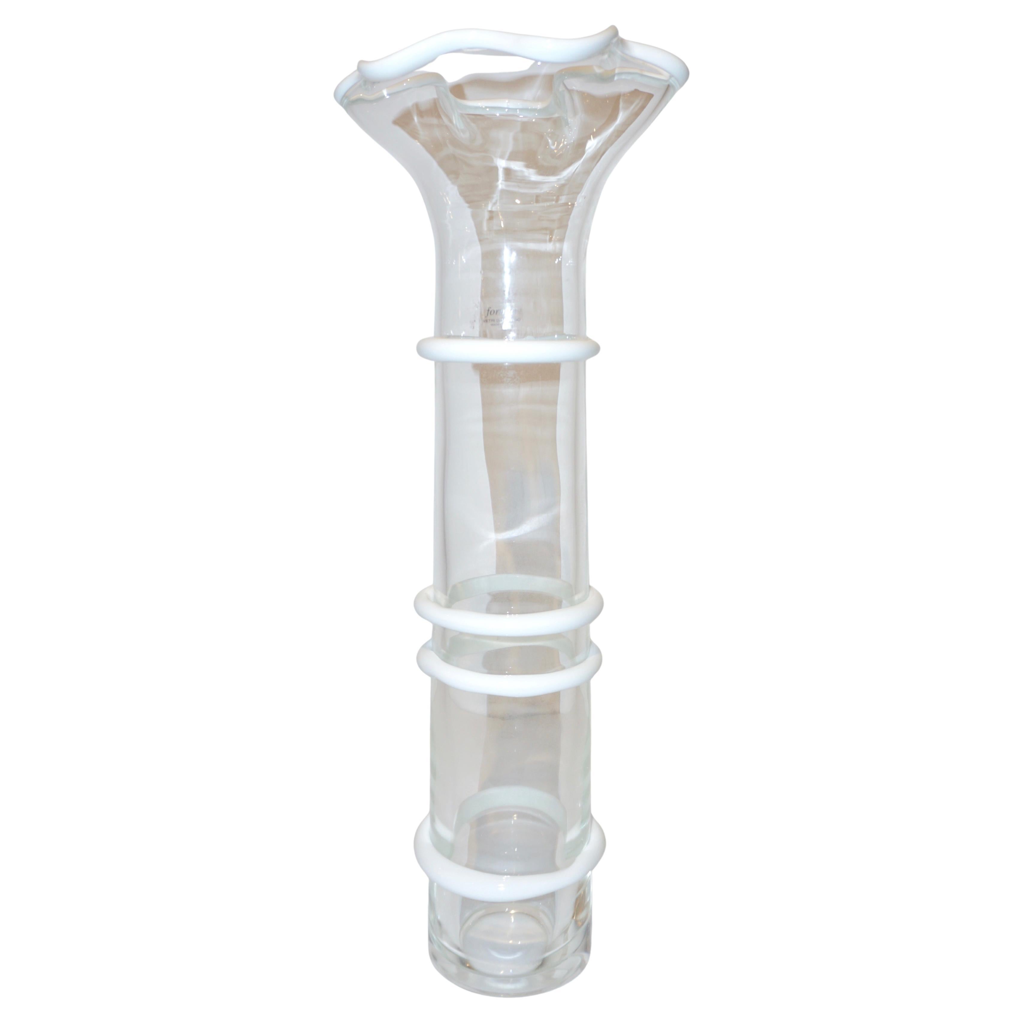 Formia Italian 1970s Vintage White Crystal Clear Murano Glass Tall Flared Vase