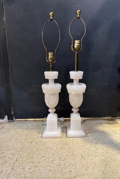 1930's Pair Italian Carved Alabaster Table Lamps