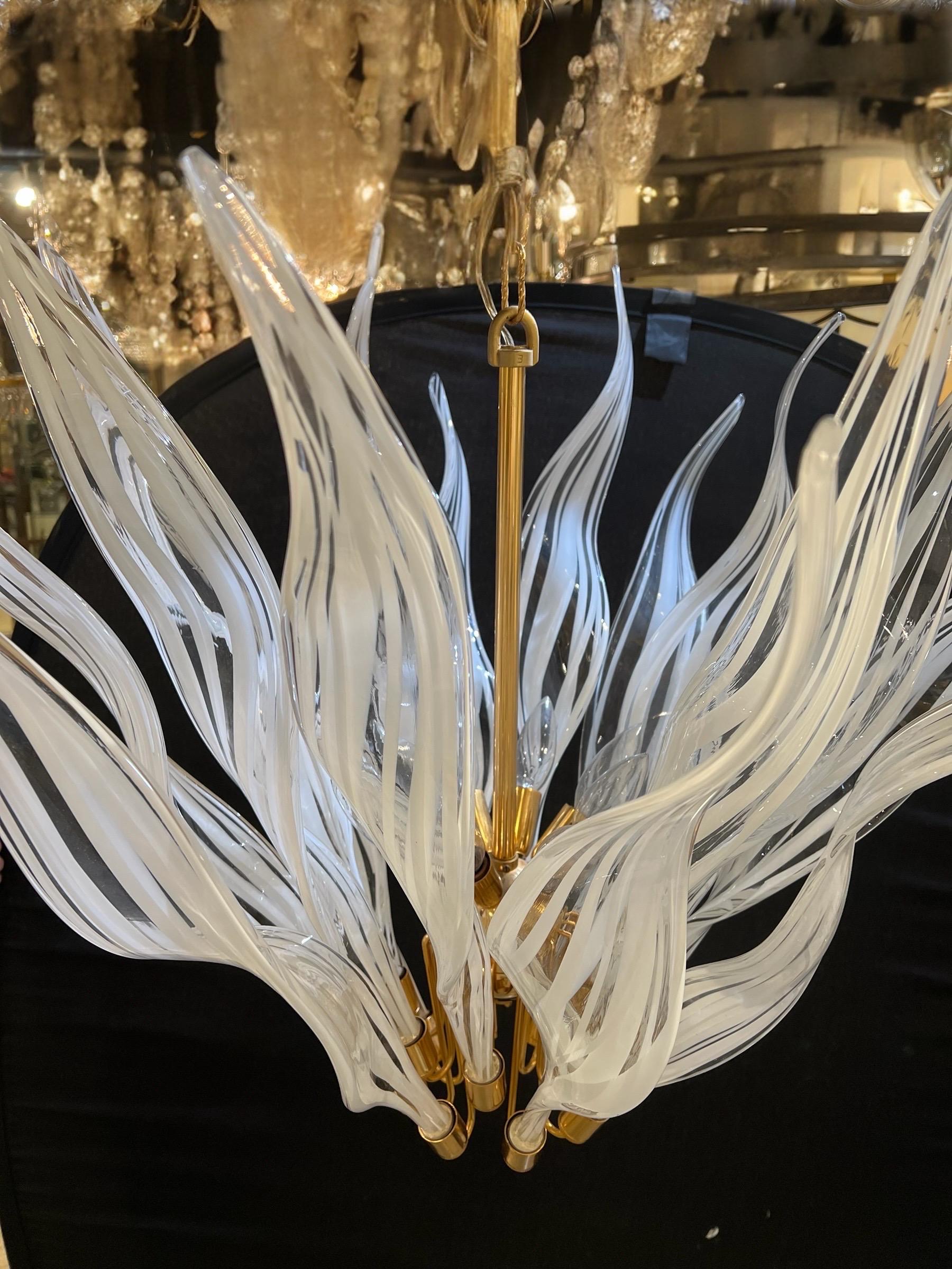 Italian 1960 Murano White Glass Flames Chandelier