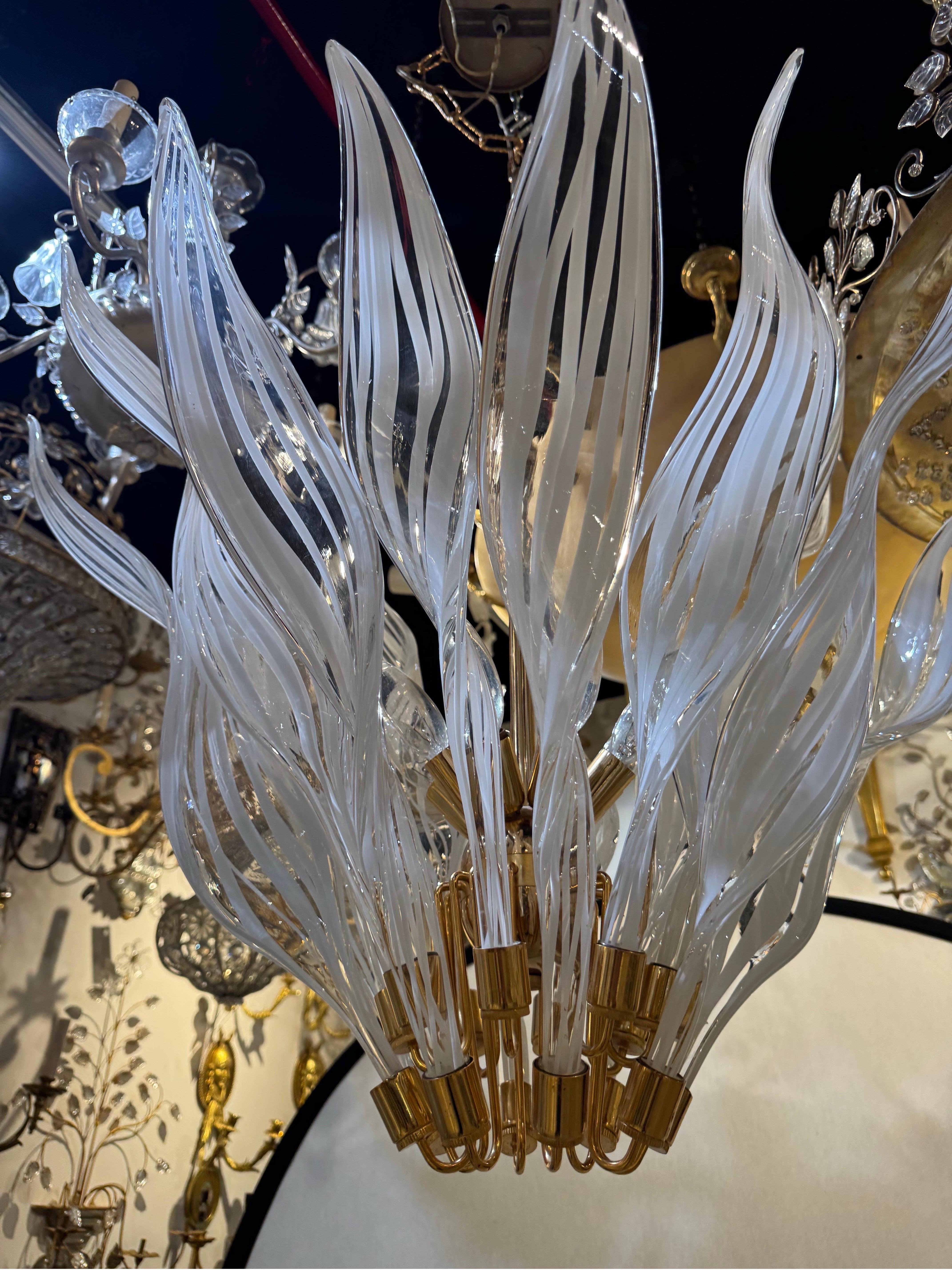 Art Deco 1960 Murano White Glass Flames Chandelier