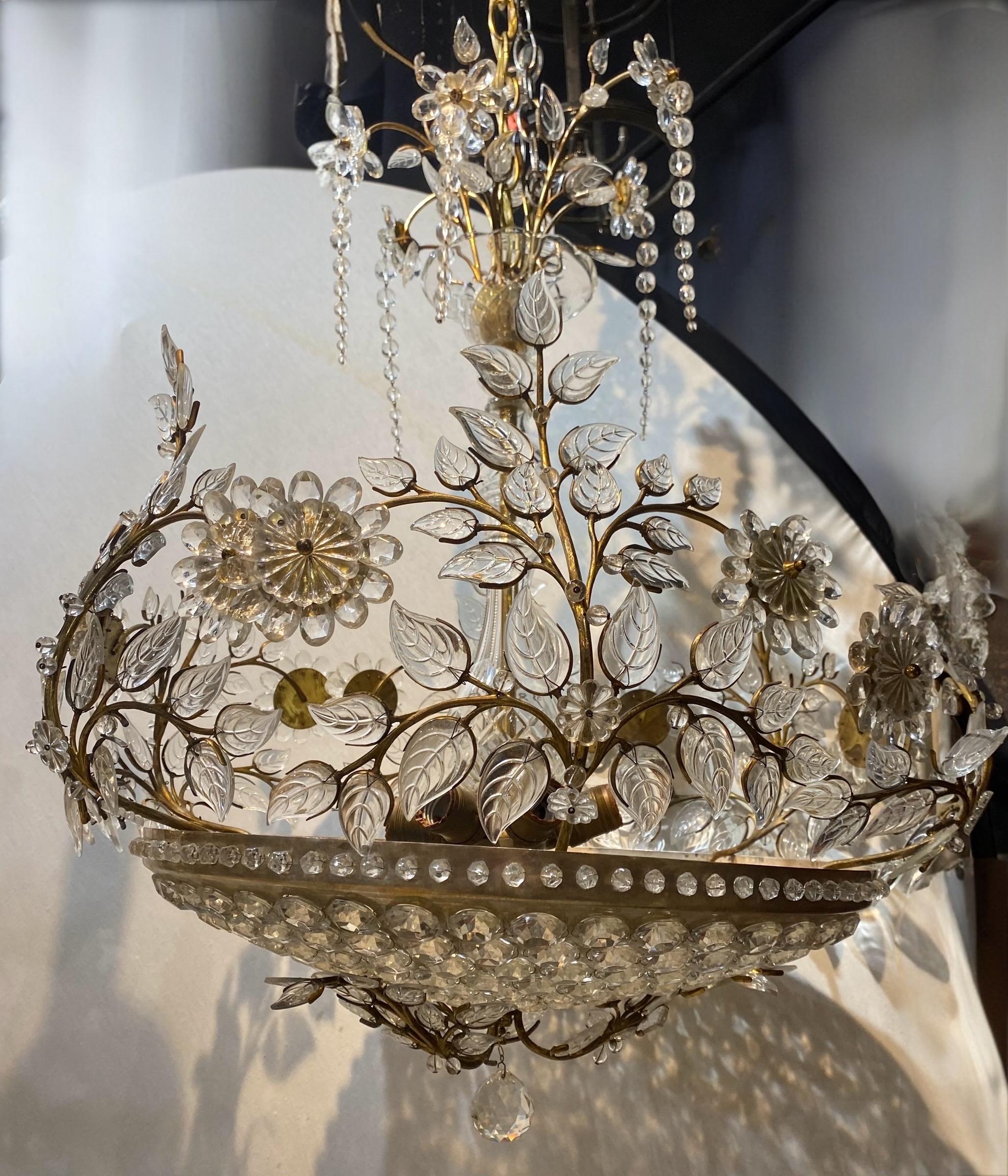 Bronze 1940 Bagues Crystals Flowers Chandelier For Sale