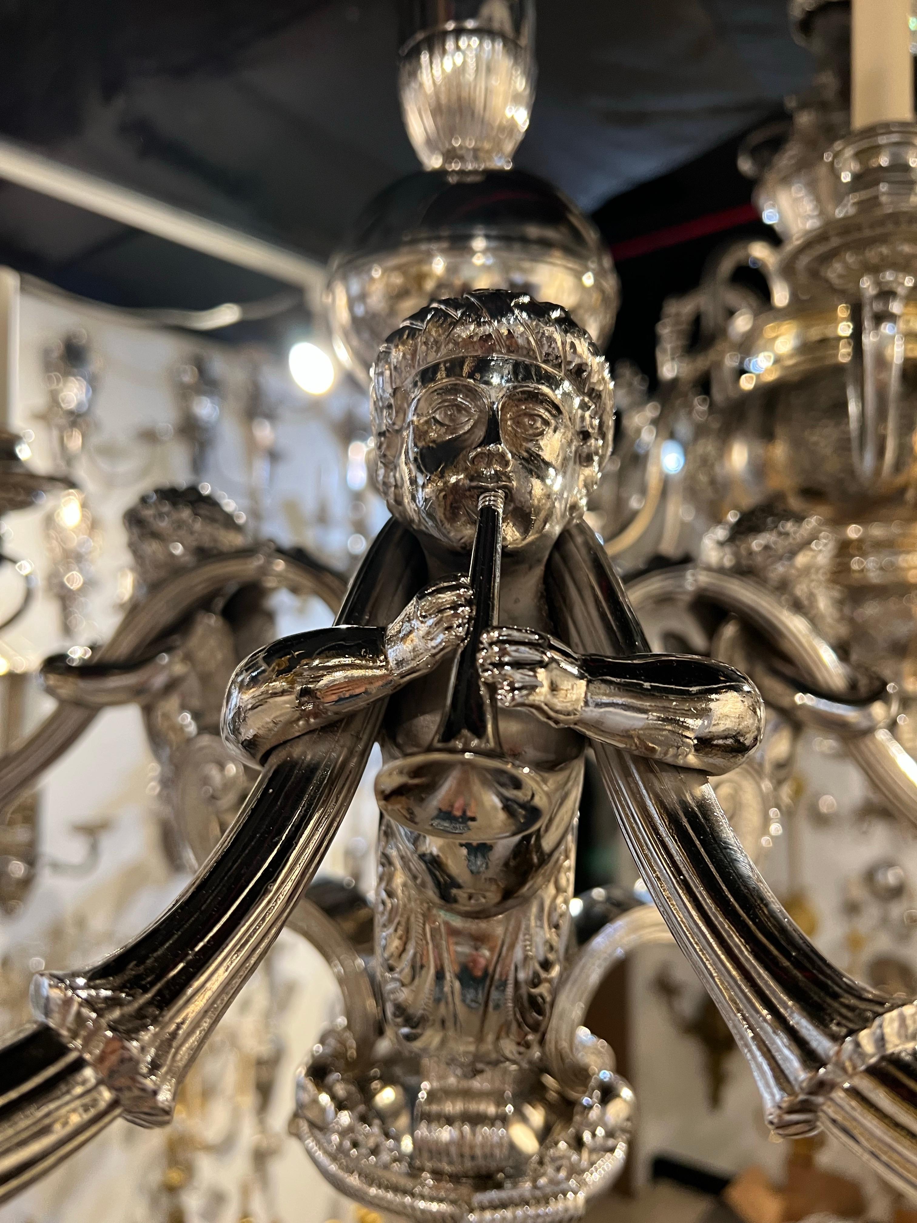 French 1900 Neoclassic Silver Chandelier with Cherubs 6 Lights For Sale