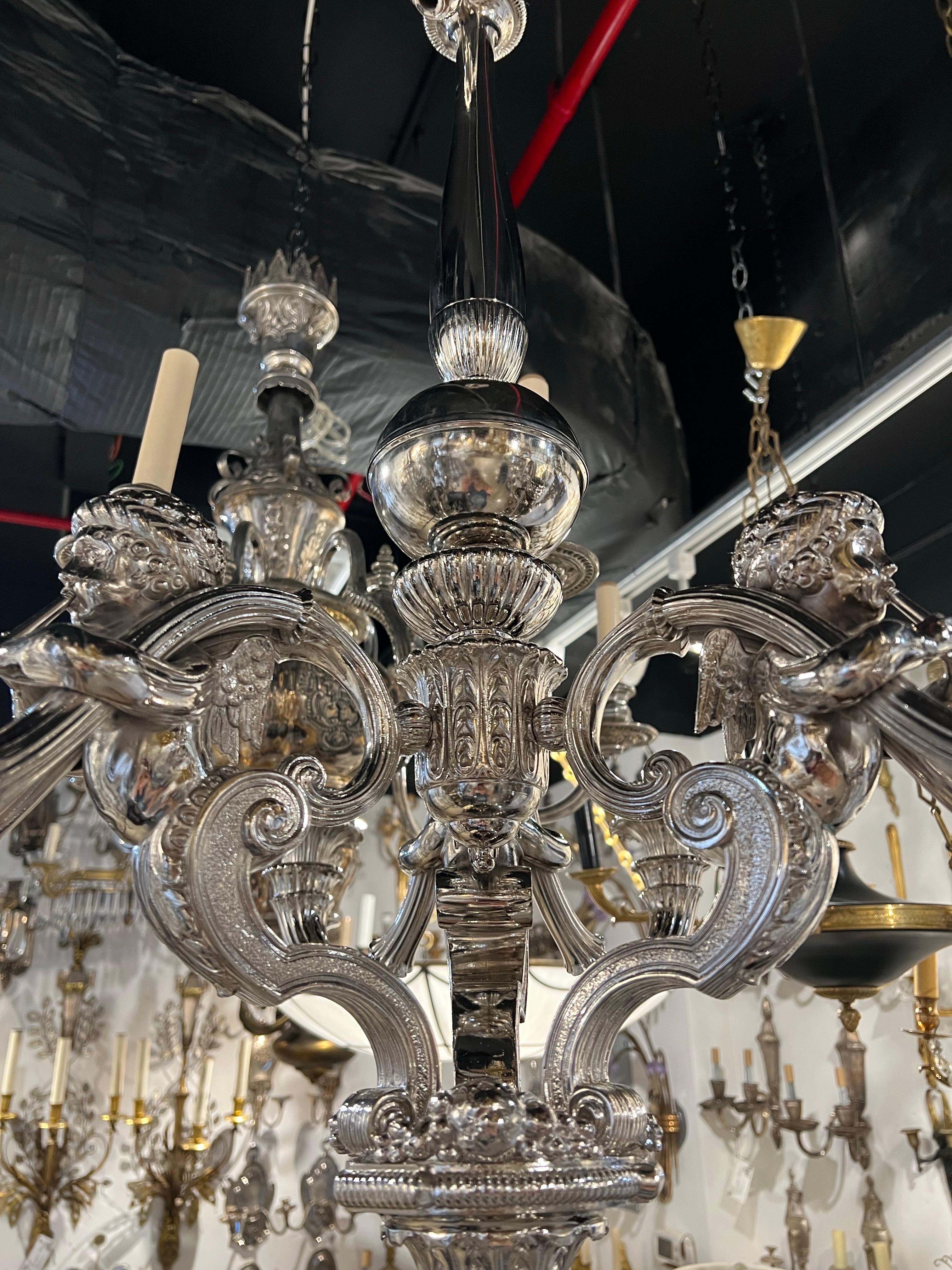 Silvered 1900 Neoclassic Silver Chandelier with Cherubs 6 Lights For Sale