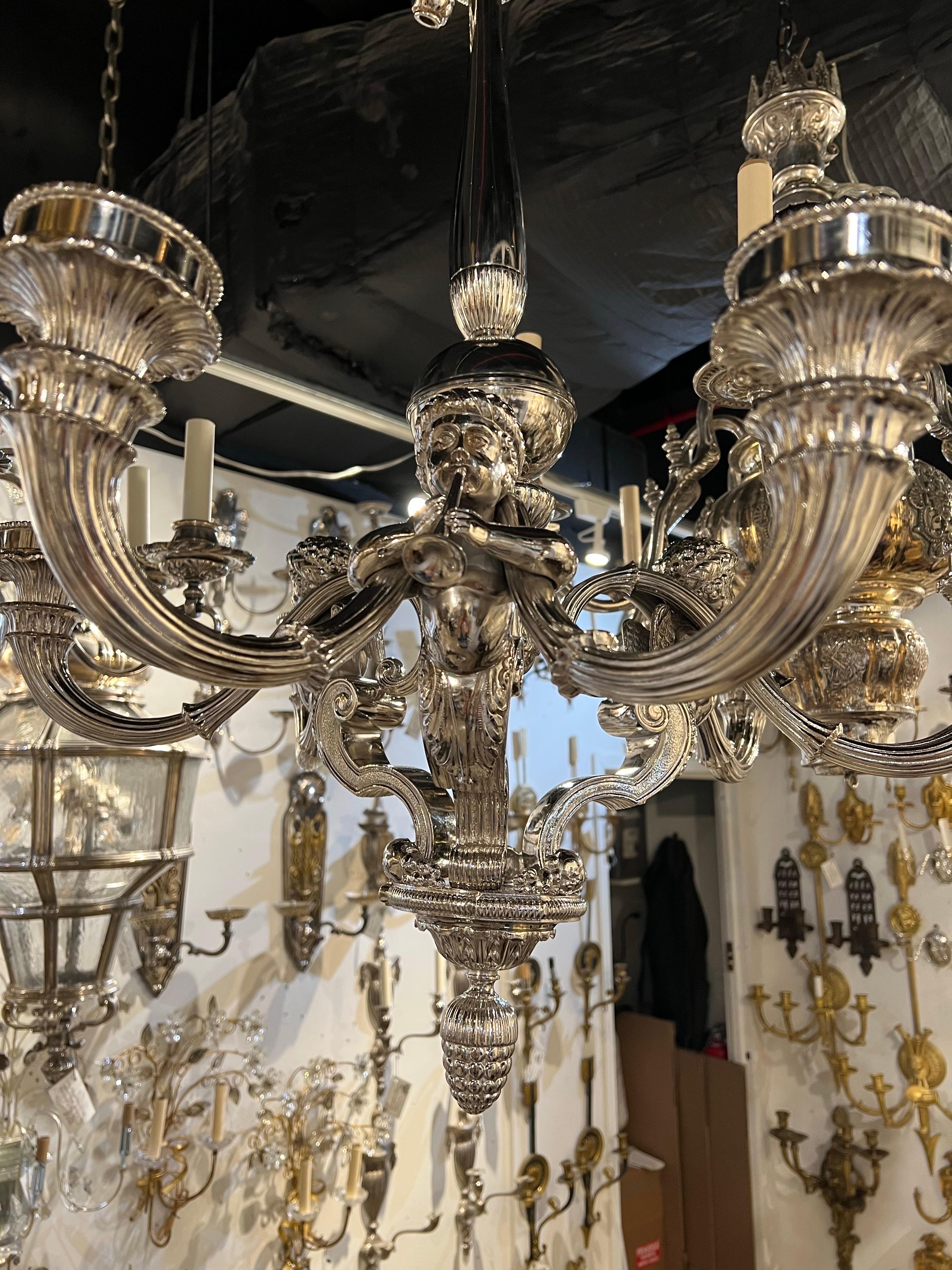 1900 Neoclassic Silver Chandelier with Cherubs 6 Lights In Good Condition For Sale In New York, NY
