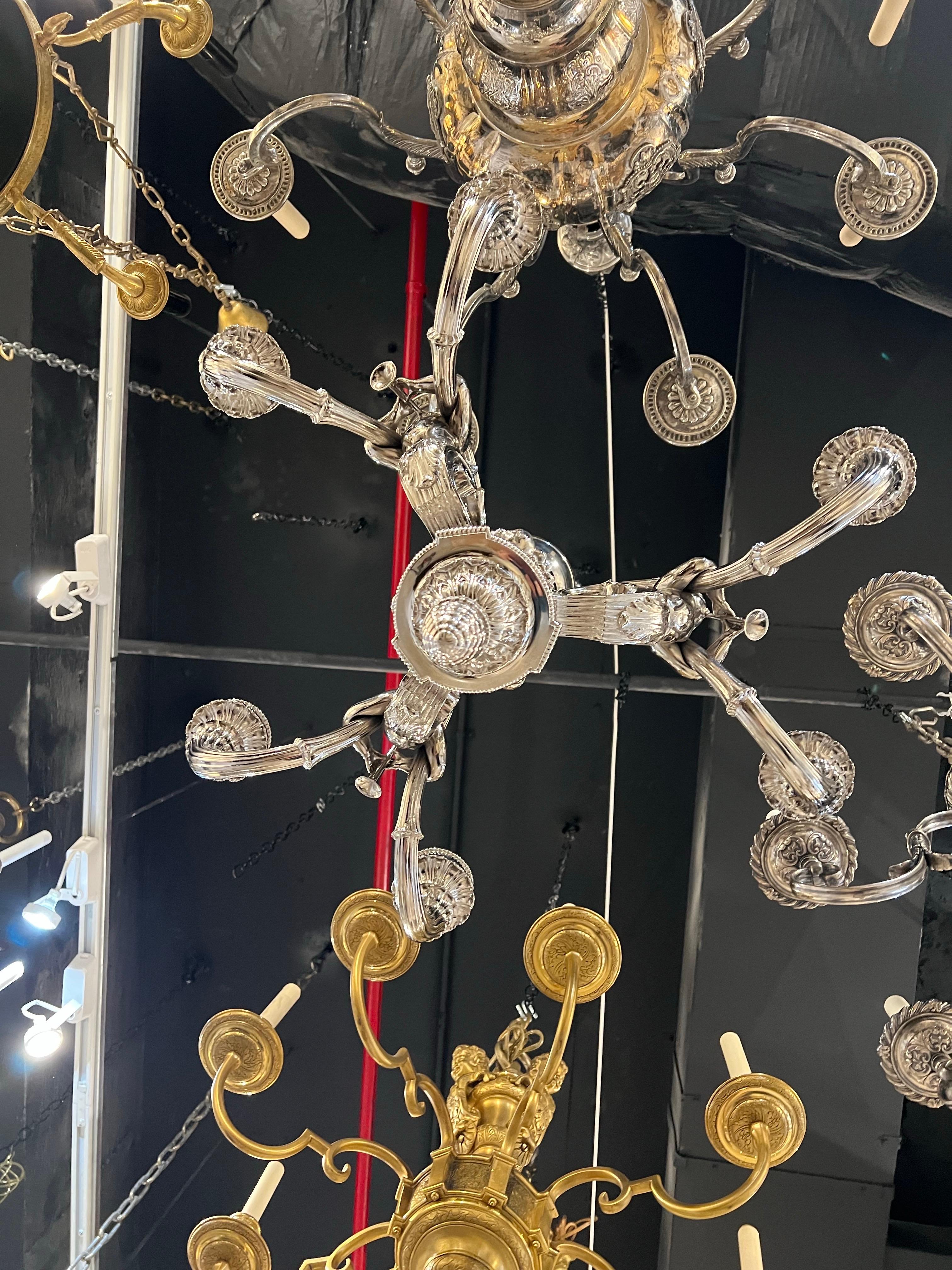 Early 20th Century 1900 Neoclassic Silver Chandelier with Cherubs 6 Lights For Sale