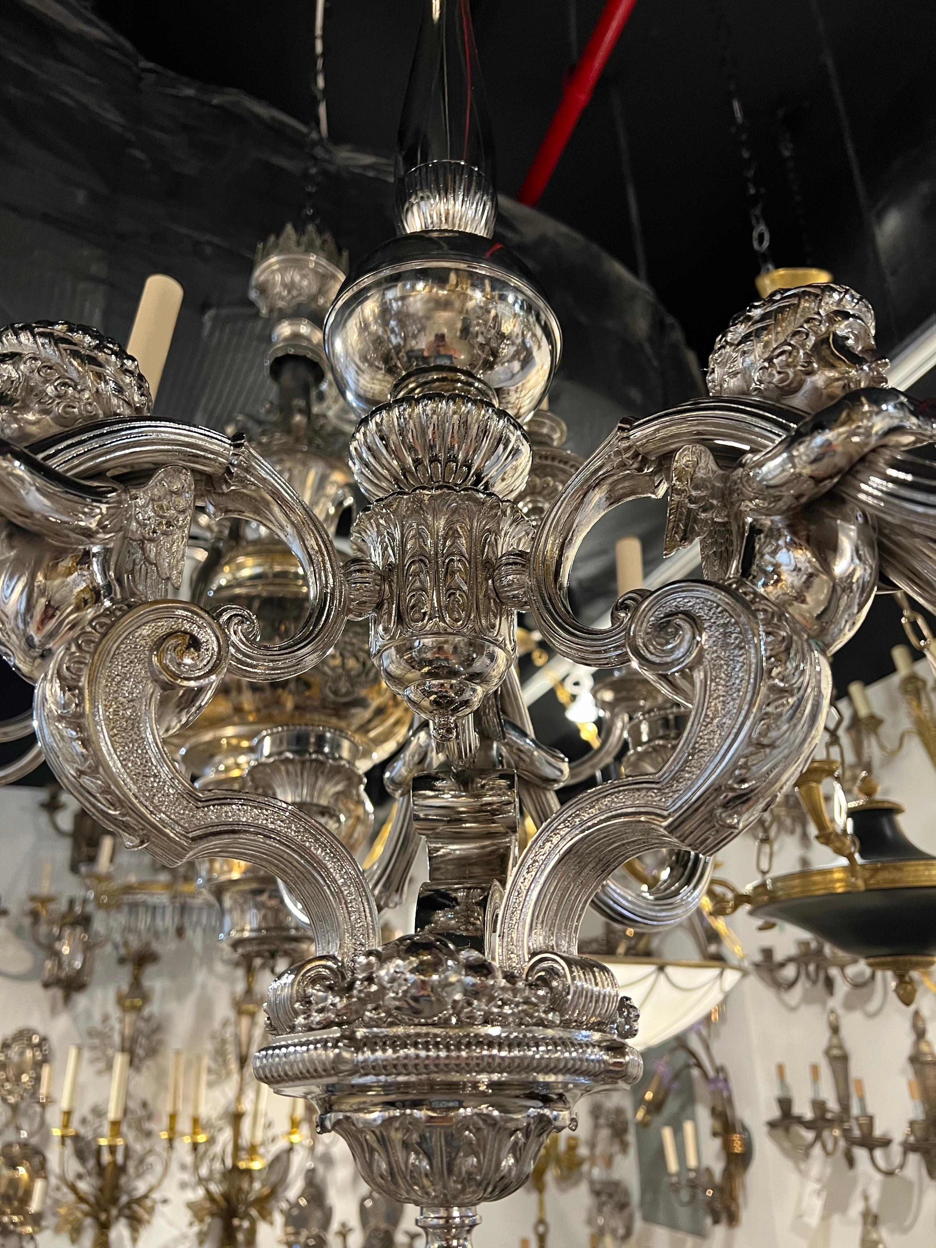 Bronze 1900 Neoclassic Silver Chandelier with Cherubs 6 Lights For Sale