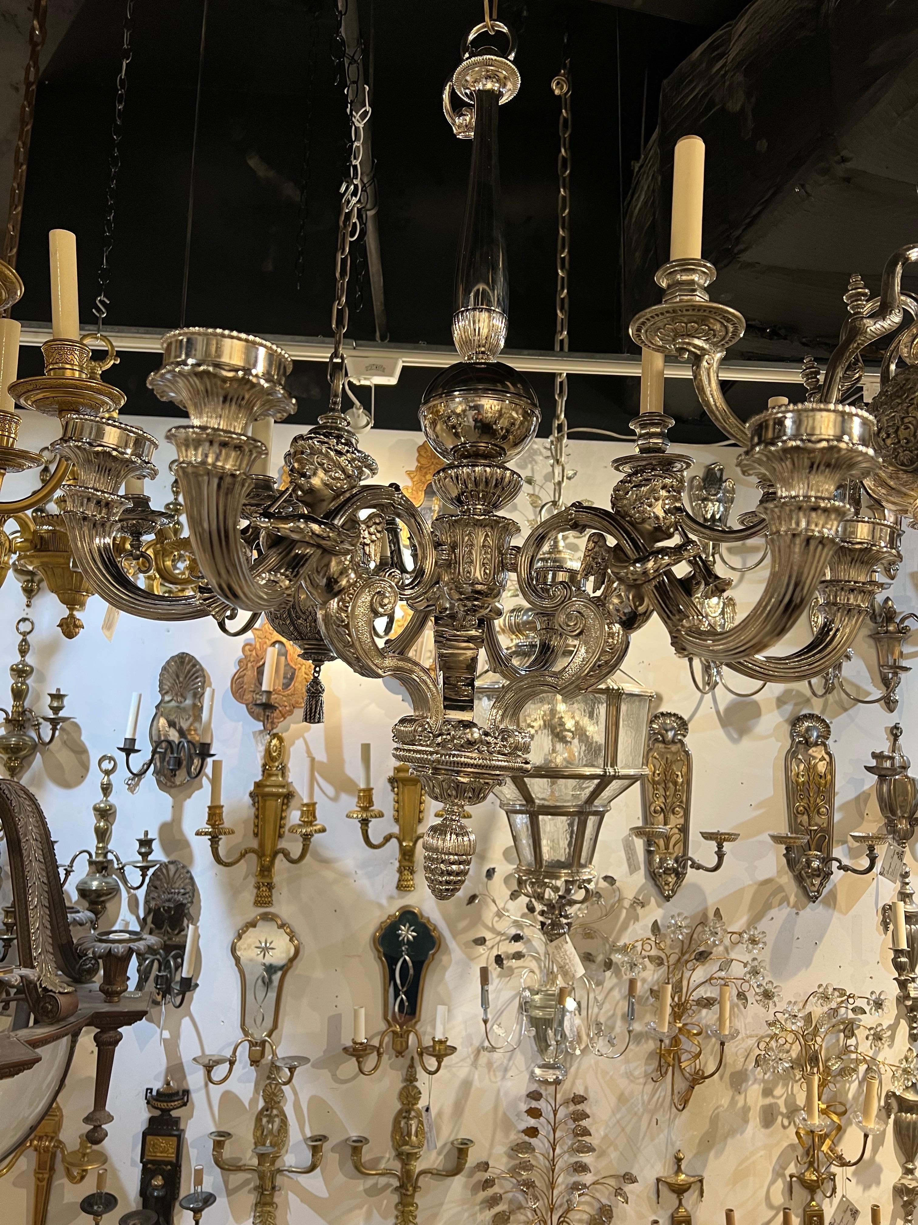 1900 Neoclassic Silver Chandelier with Cherubs 6 Lights For Sale 1