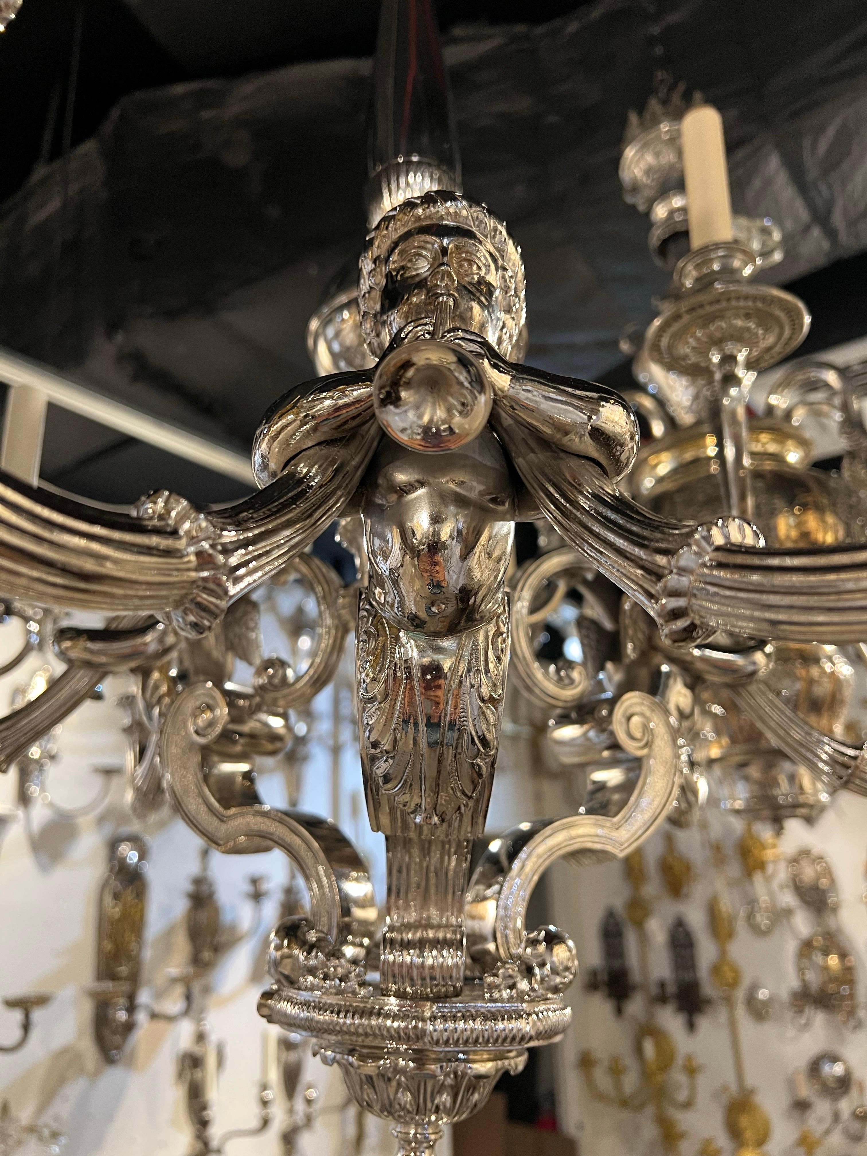 1900 Neoclassic Silver Chandelier with Cherubs 6 Lights For Sale 3
