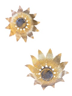 1940s French Gilt Metal Sunburst Flush Mount Light Fixture