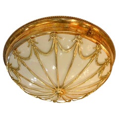 1930's Large Silver Plated Flush Mount With Opaline Glass