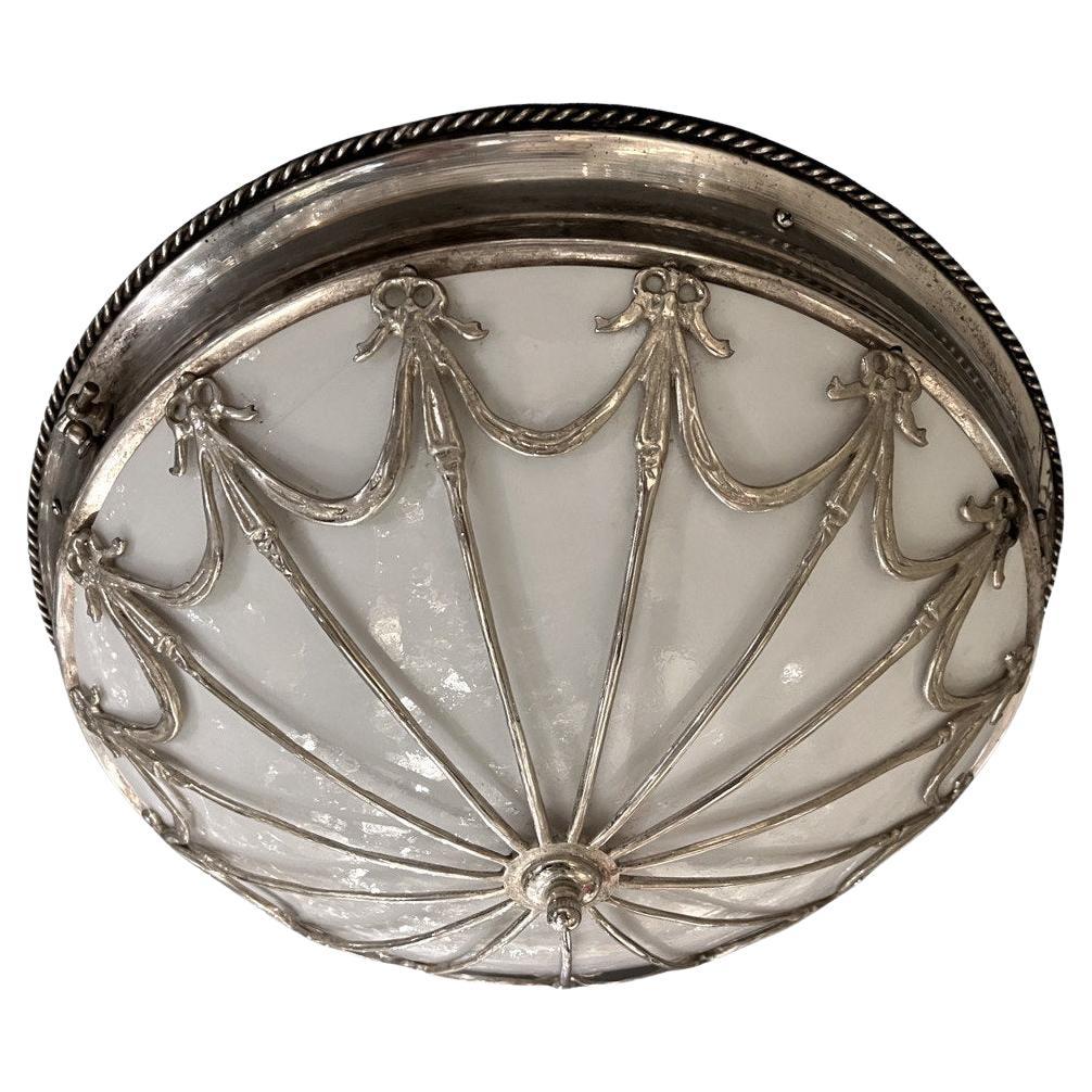 1930's Large Silver Plated Flush Mount With Opaline Glass For Sale