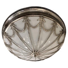 1930's Large Silver Plated Flush Mount With Opaline Glass