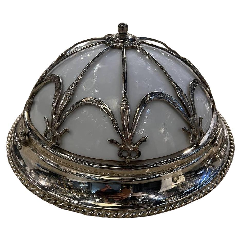 1930's French Silver Plated Flush Mount with Opaline Glass For Sale