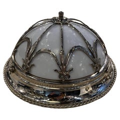 Vintage 1930's French Silver Plated Flush Mount with Opaline Glass