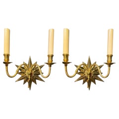 French Provincial Gilt Bronze Starburst Double Light Sconces 1920s