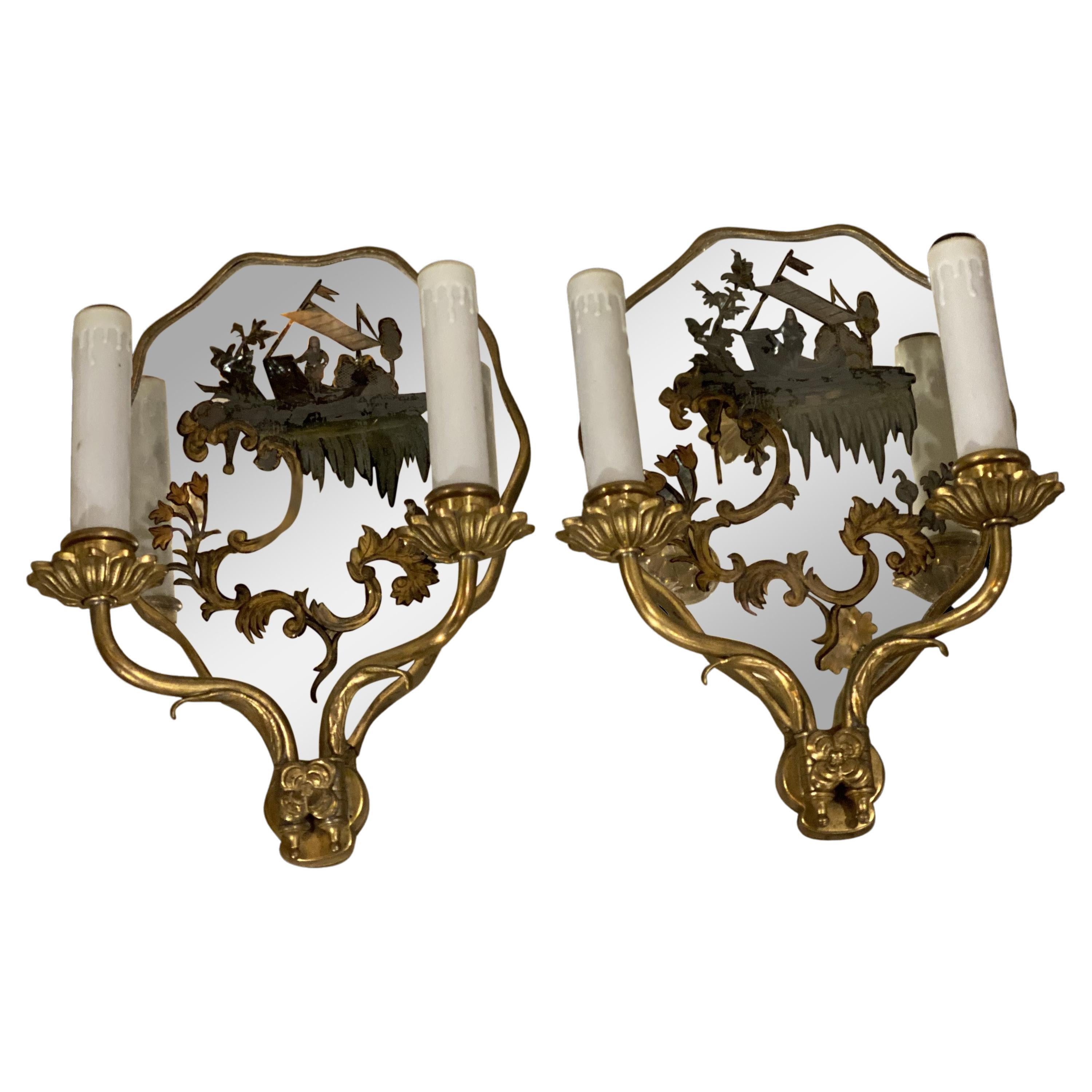 1920's Caldwell Bronze Sconces with Reverse Painted Mirror
