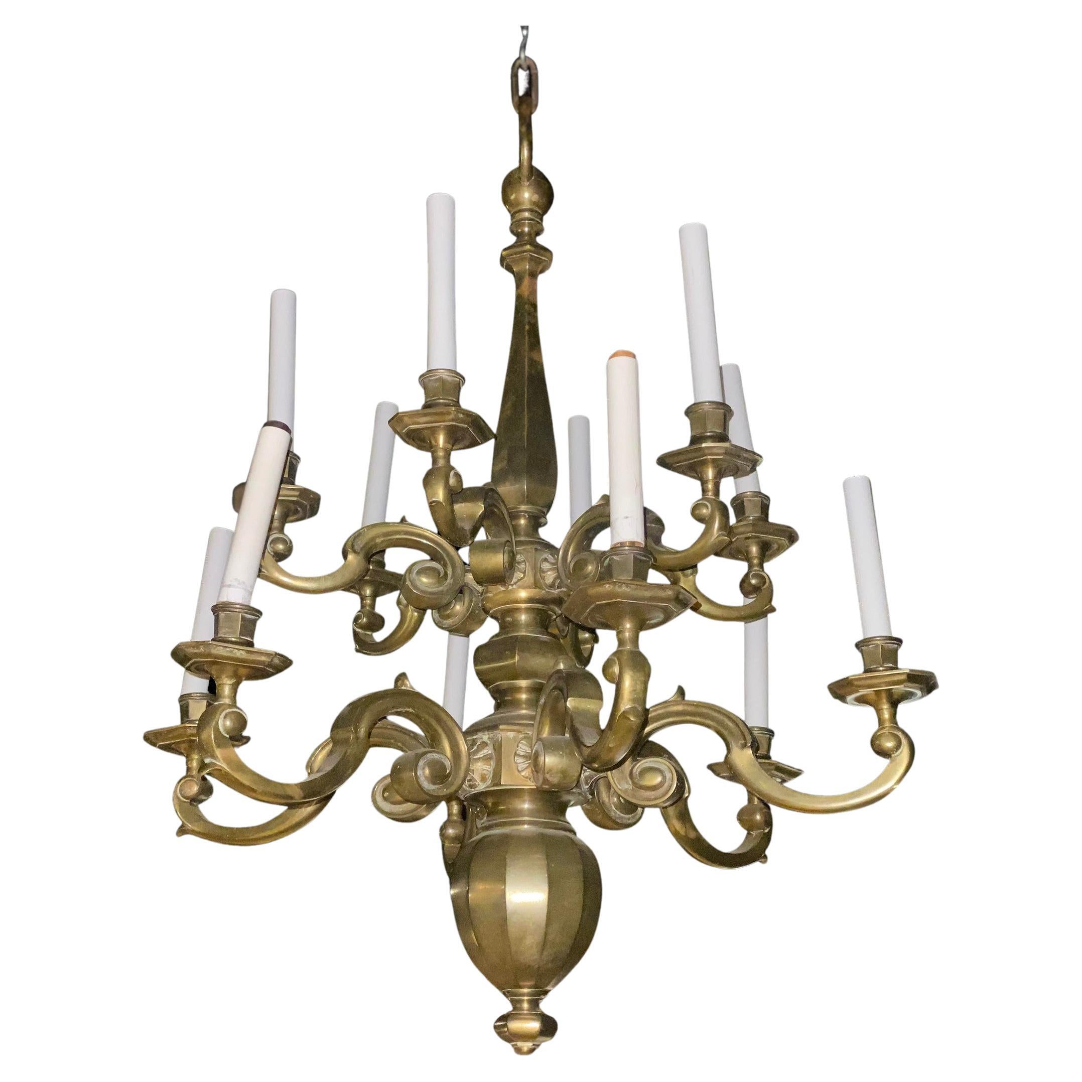 1900's Dutch Two Tiered Bronze Chandelier with 12 lights