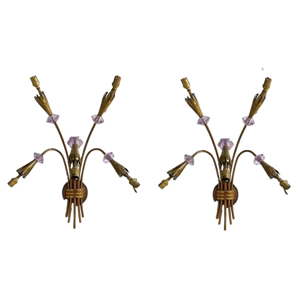 1930's French 5 Lights Tulips Sconces with Amethyst Crystals For Sale