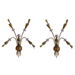 Vintage 1930's French 5 Lights Tulips Sconces with Amethyst Crystals