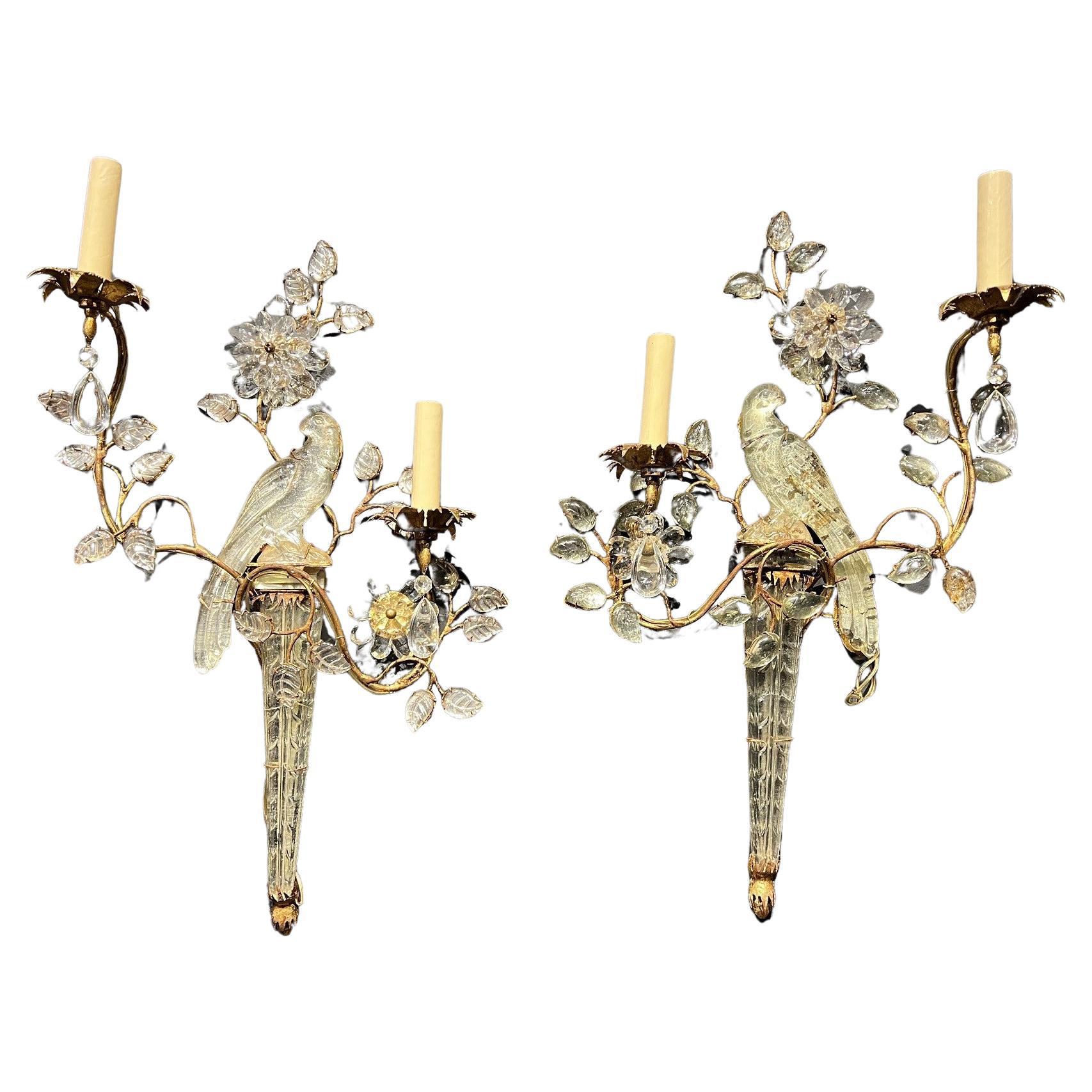 1930's French Bagues Gilt Metal Bird Sconces with Two Lights For Sale