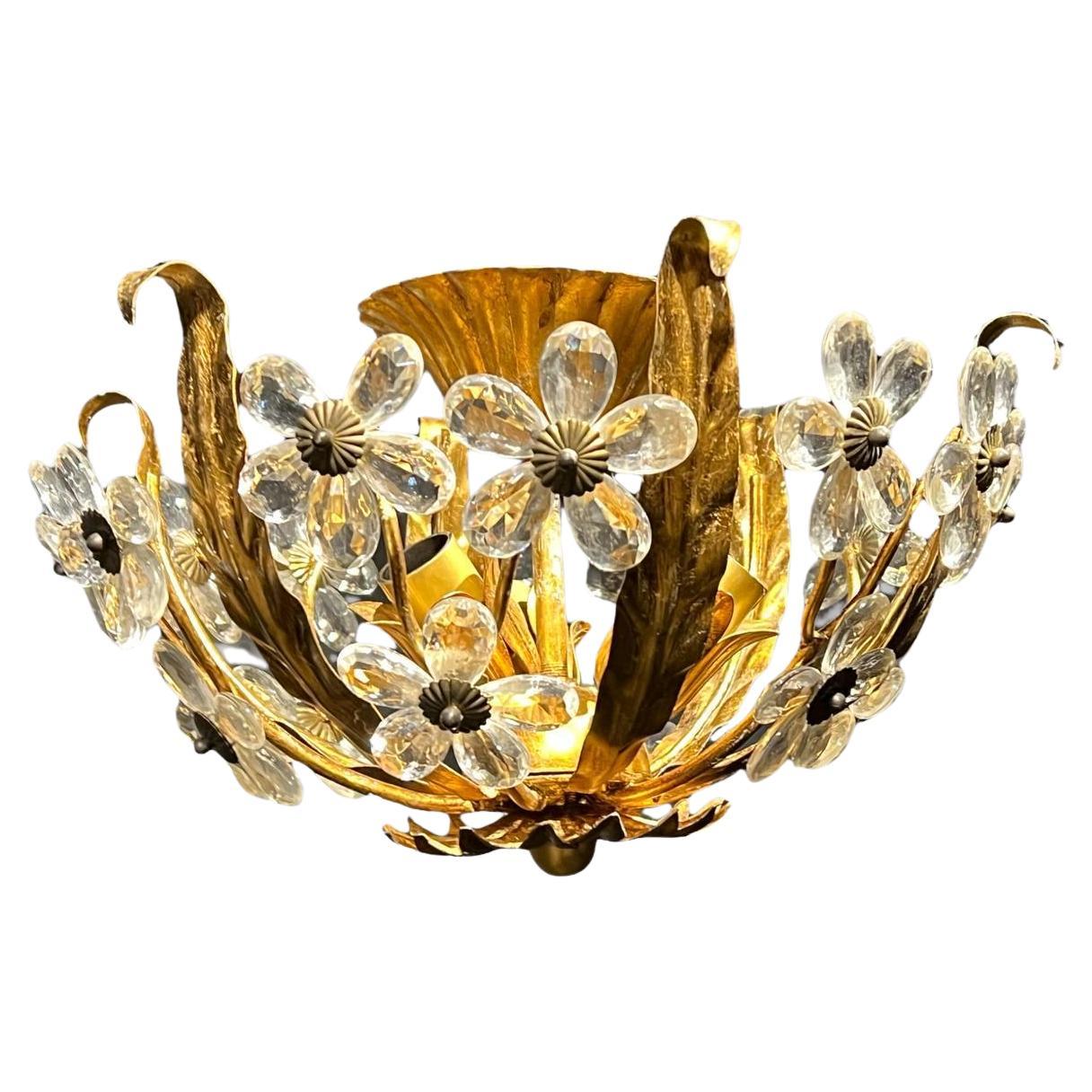 1930's French Flush Mount with Crystal Flowers  For Sale