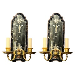 1920’s Caldwell Bronze and Etched Mirror Sconces with Cobalt Glass