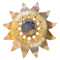 1940s French Gilt Metal Sunburst Flush Mount Light Fixture