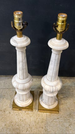 Pair 1940 French Carved Alabaster Columns Lamps
