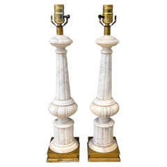 Pair 1940 French Carved Alabaster Columns Lamps