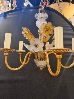 1930 French Provincial Gilt Metal Chandelier with Murano Glass Flowers
