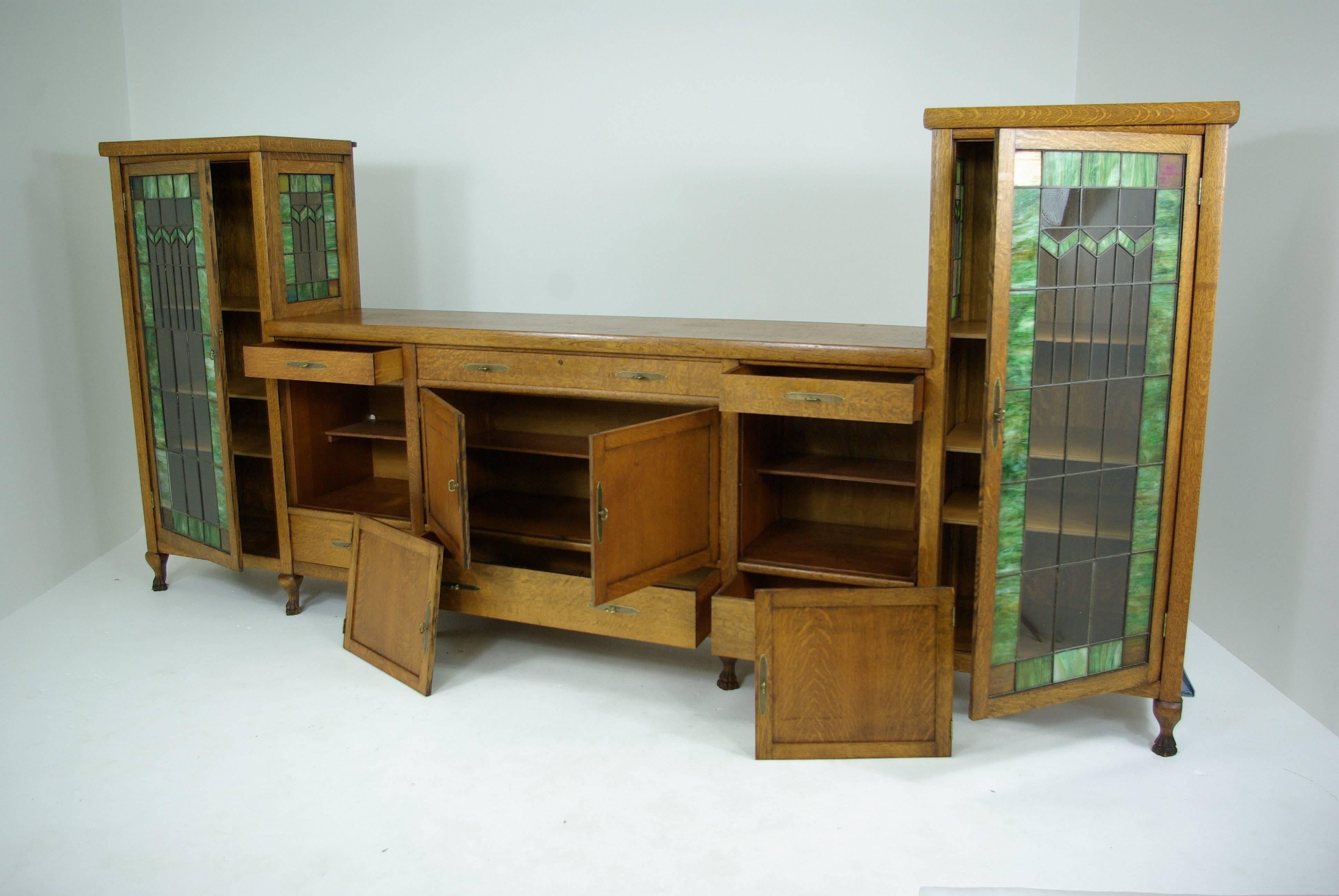 B261 Large Three Part Tiger Oak Sideboard Buffet, China Cabinet, Bookcase In Excellent Condition In Vancouver, BC