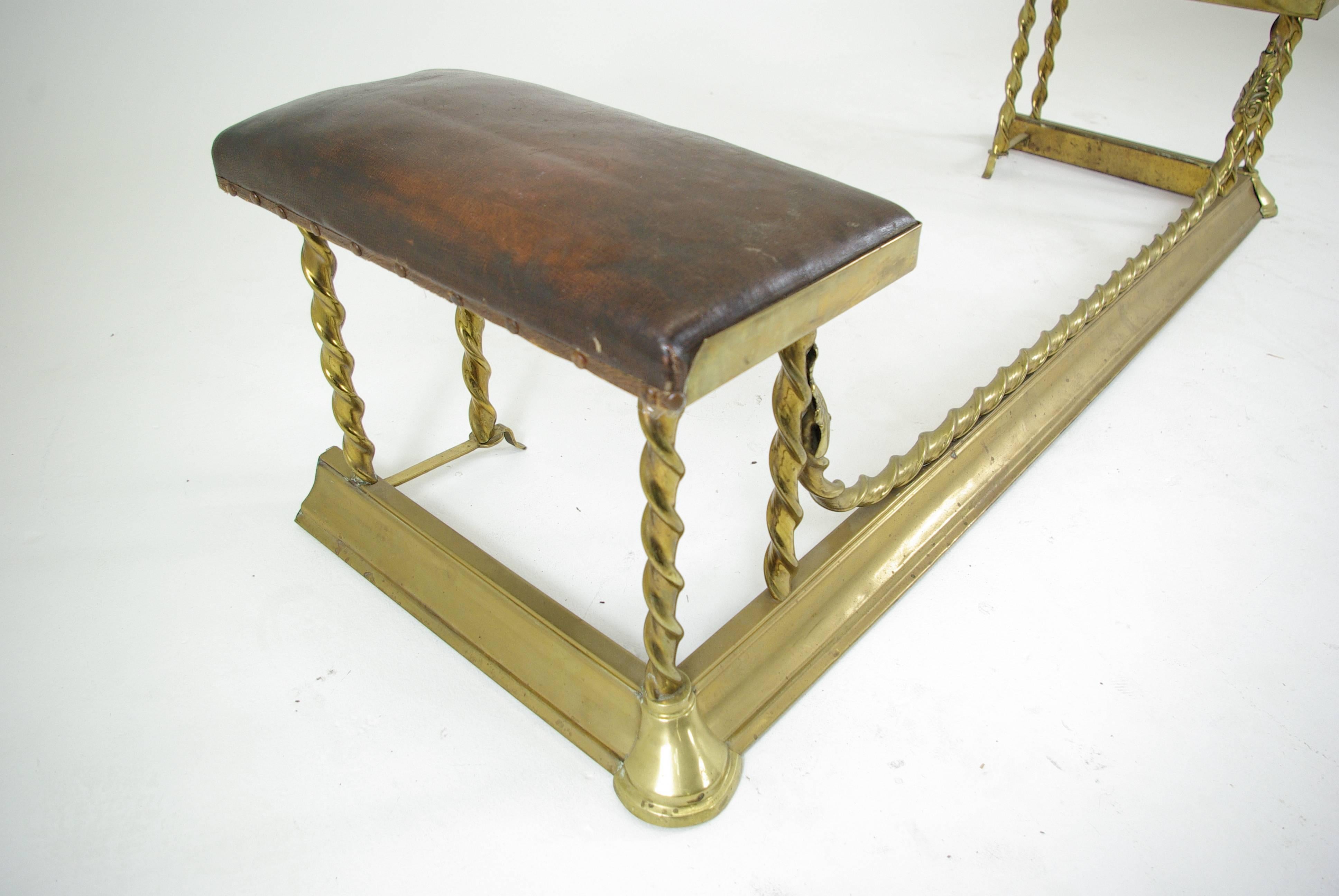 Early 20th Century Antique Scottish Victorian Brass Barley Twist Fireplace Curb with Uphol Seating
