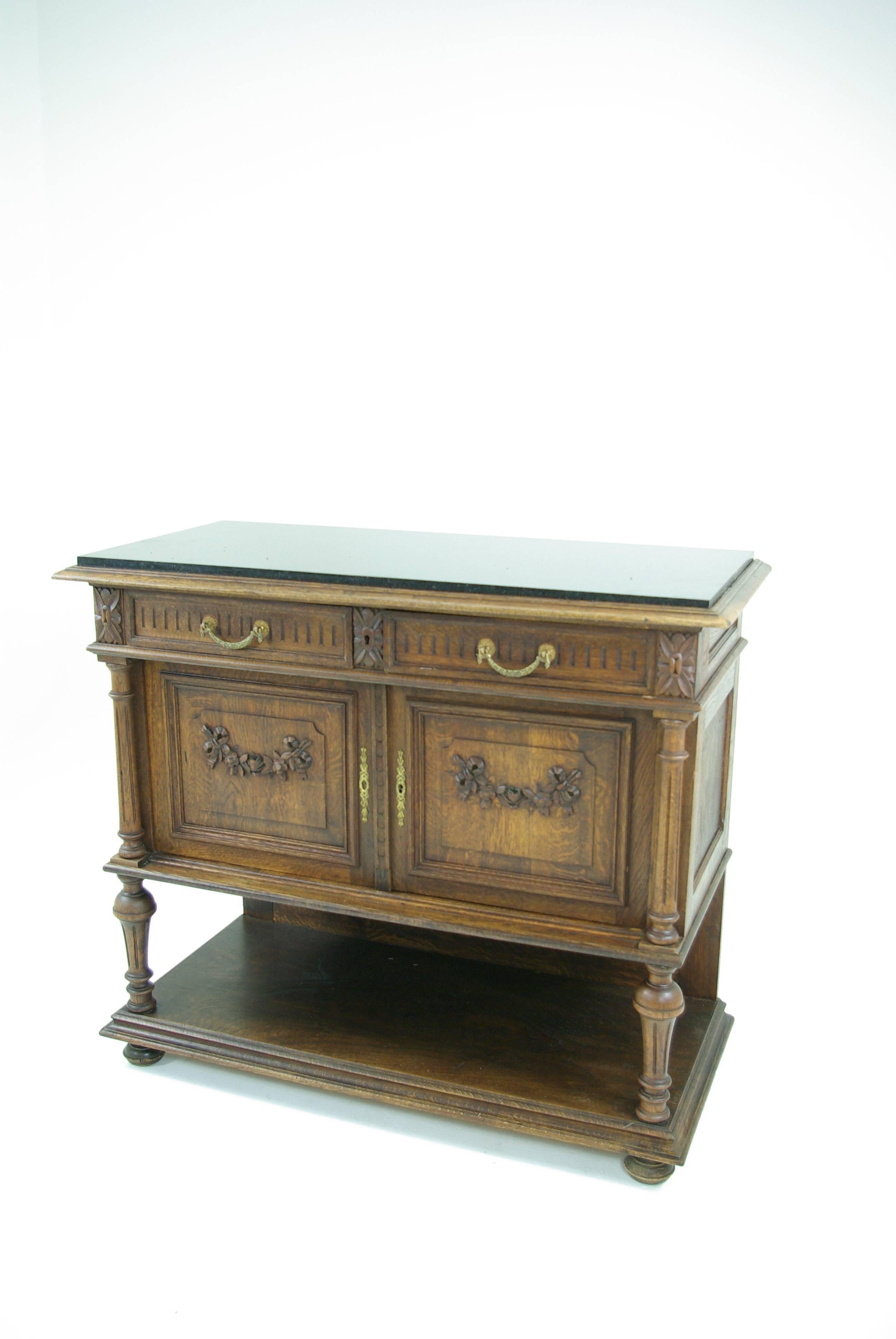 Hand-Crafted Unique French Marble-Top Buffet, Solid Oak, 1890