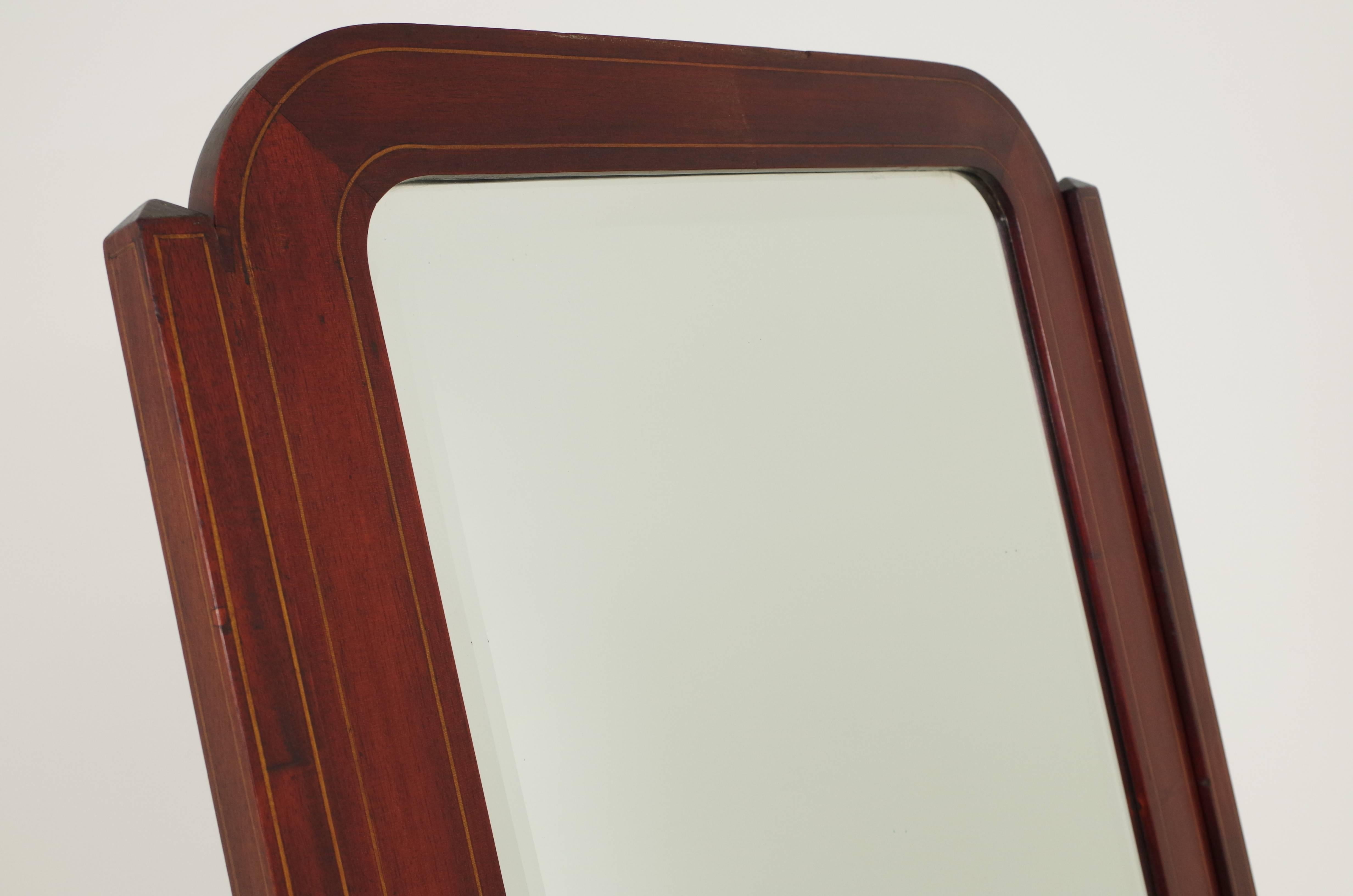 Antique Scottish Mahogany Inlaid Cheval Dressing Full Length Mirror on Stand In Excellent Condition In Vancouver, BC