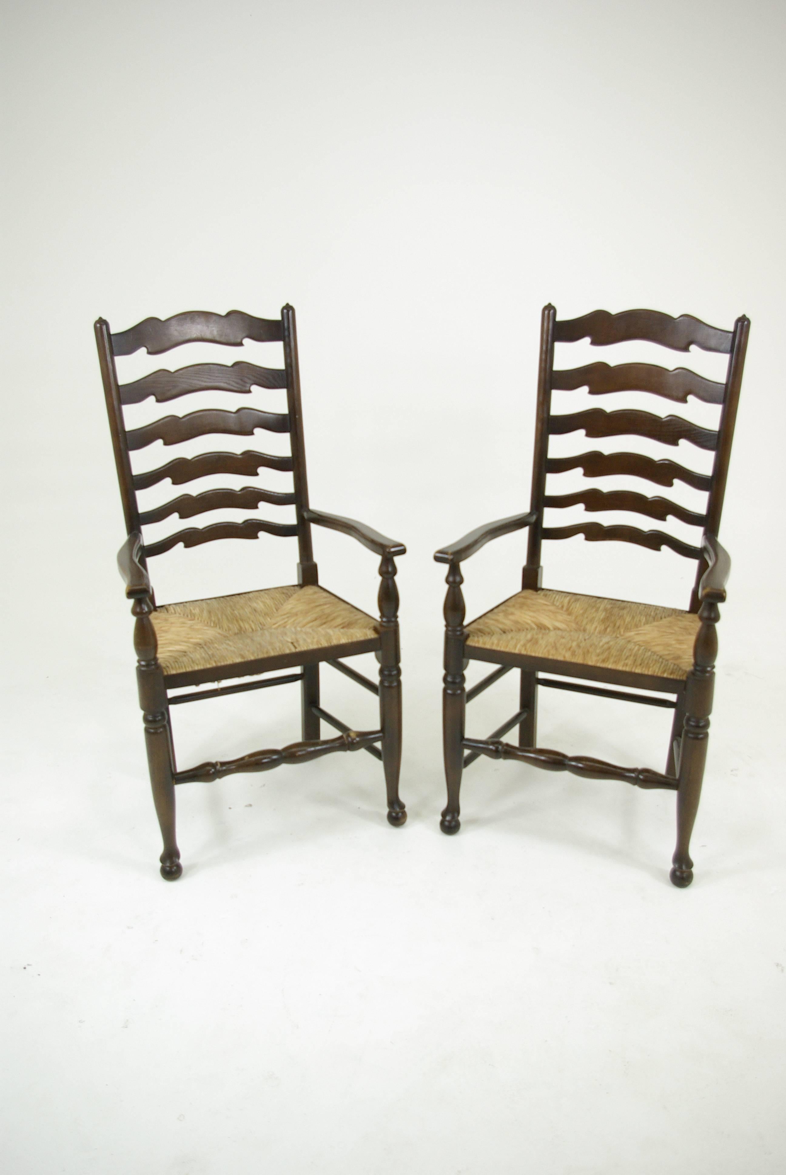 Hand-Crafted Set of eight Antique Ladder Back Chairs, Rush Seats, Six + Two Armchairs