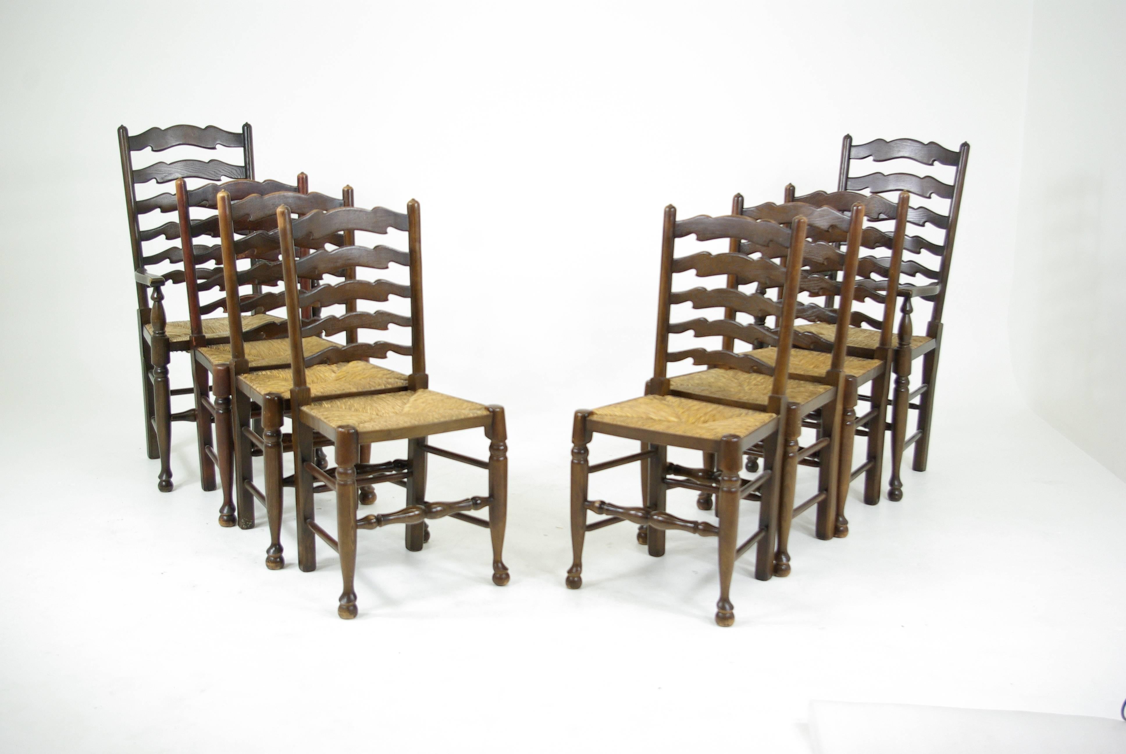 Set of eight Antique Ladder Back Chairs, Rush Seats, Six + Two Armchairs In Excellent Condition In Vancouver, BC