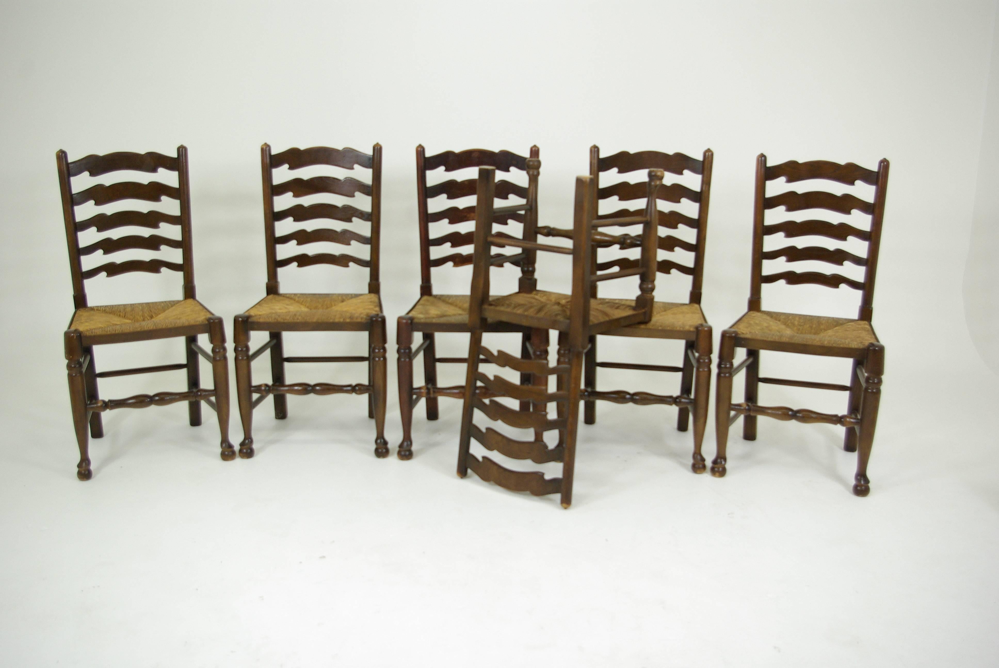 Elm Set of eight Antique Ladder Back Chairs, Rush Seats, Six + Two Armchairs