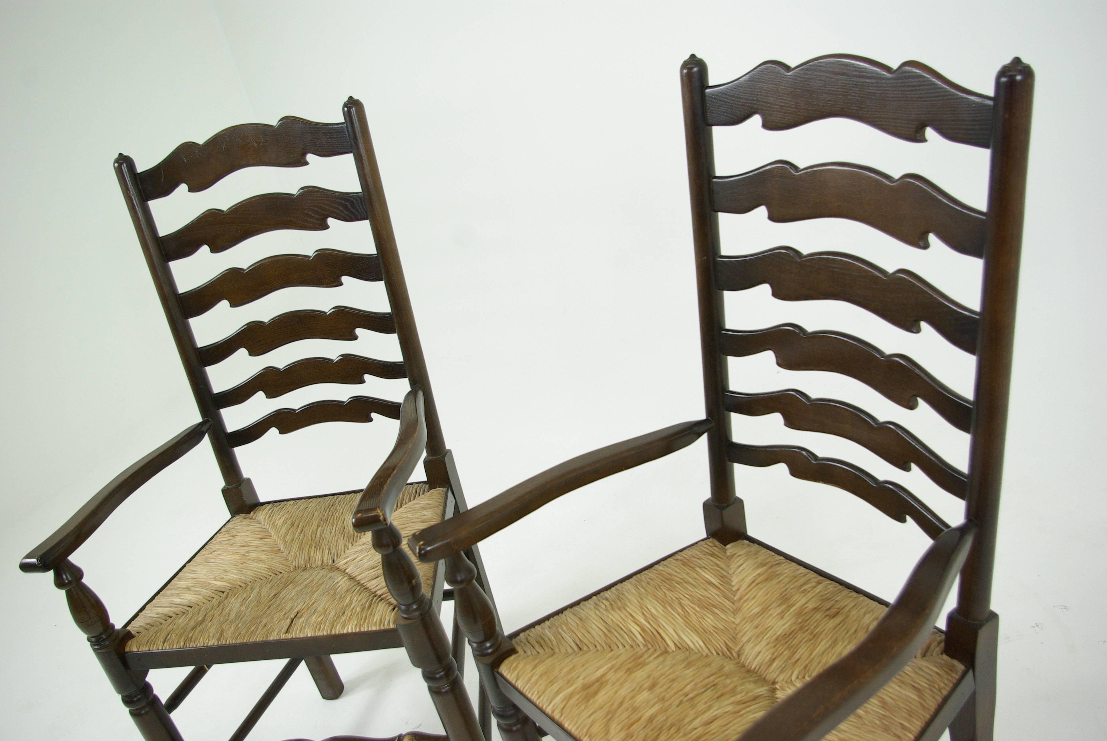 Set of eight Antique Ladder Back Chairs, Rush Seats, Six + Two Armchairs 2
