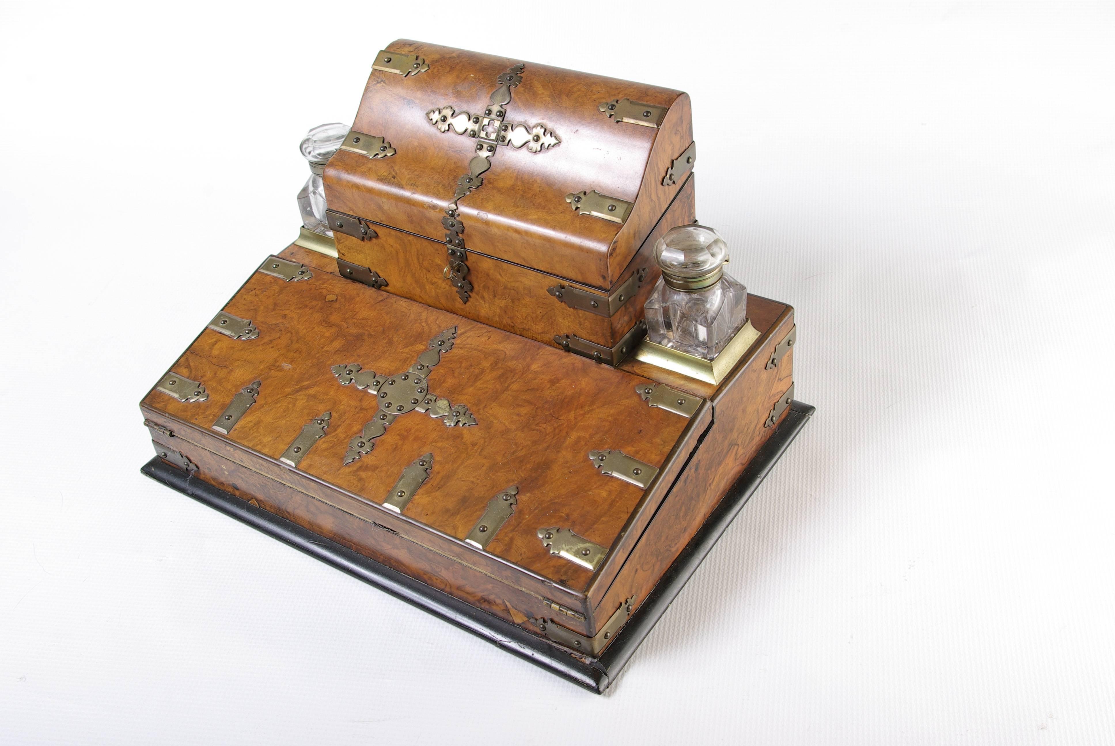 English B385 Antique Victorian Burr Walnut Travelling Lap Desk, Writing Slope, Box